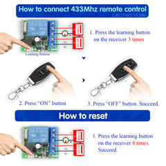 AENTIA 433Mhz Universal Wireless Remote Control Switch DC 12V 1CH RF Relay Receiver Module with 2 Transmitters, EV1527 Learning Code Remote Switch