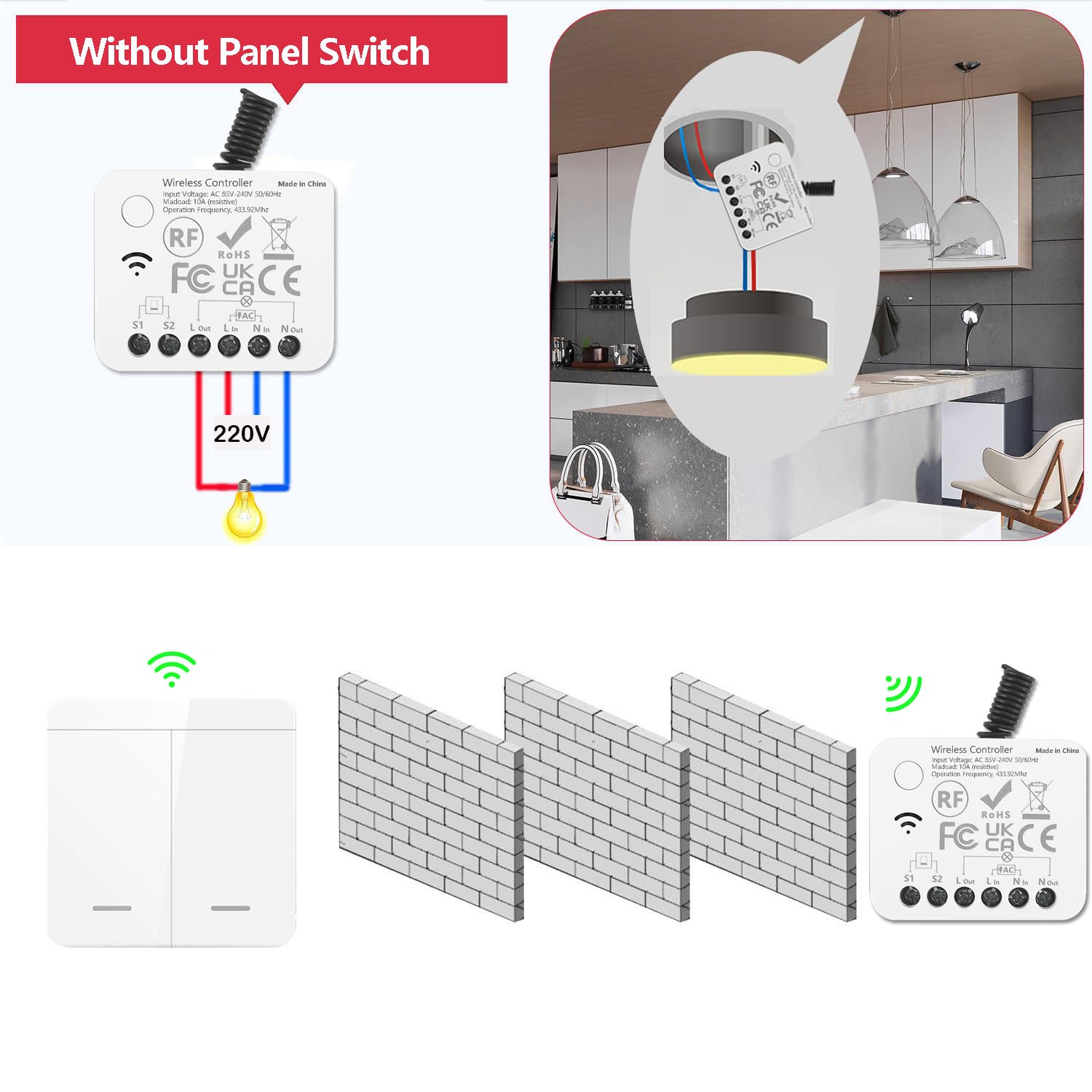 AENTIA 433MHz Mini Receiver + Touch Panel Three-Button Switch A2459-black (3T + 1R) 10 x 6 x 10 centimeters