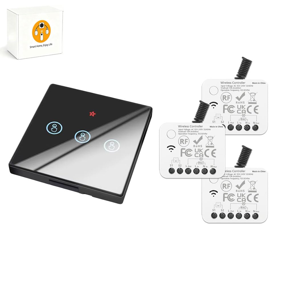 AENTIA 433MHz Mini Receiver + Touch Panel Three-Button Switch A2459-black (3T + 1R) 10 x 6 x 10 centimeters