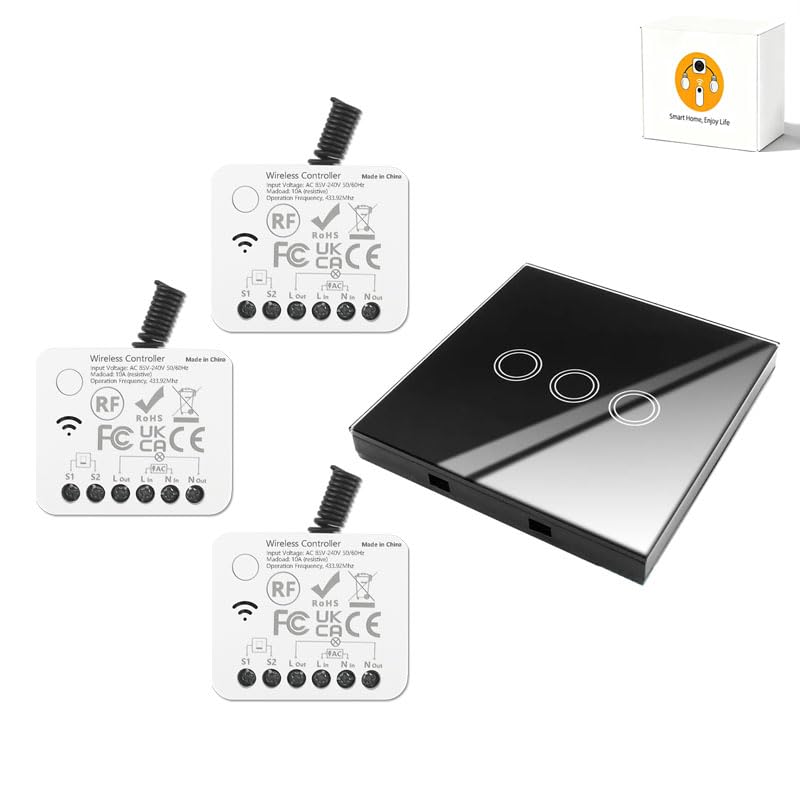 AENTIA Wireless Light Switch Remote Control Switch Smart Switch No Wiring Required Stable Signal 30m Range Easy Install for Home Bathroom Farm (1T + 3R)