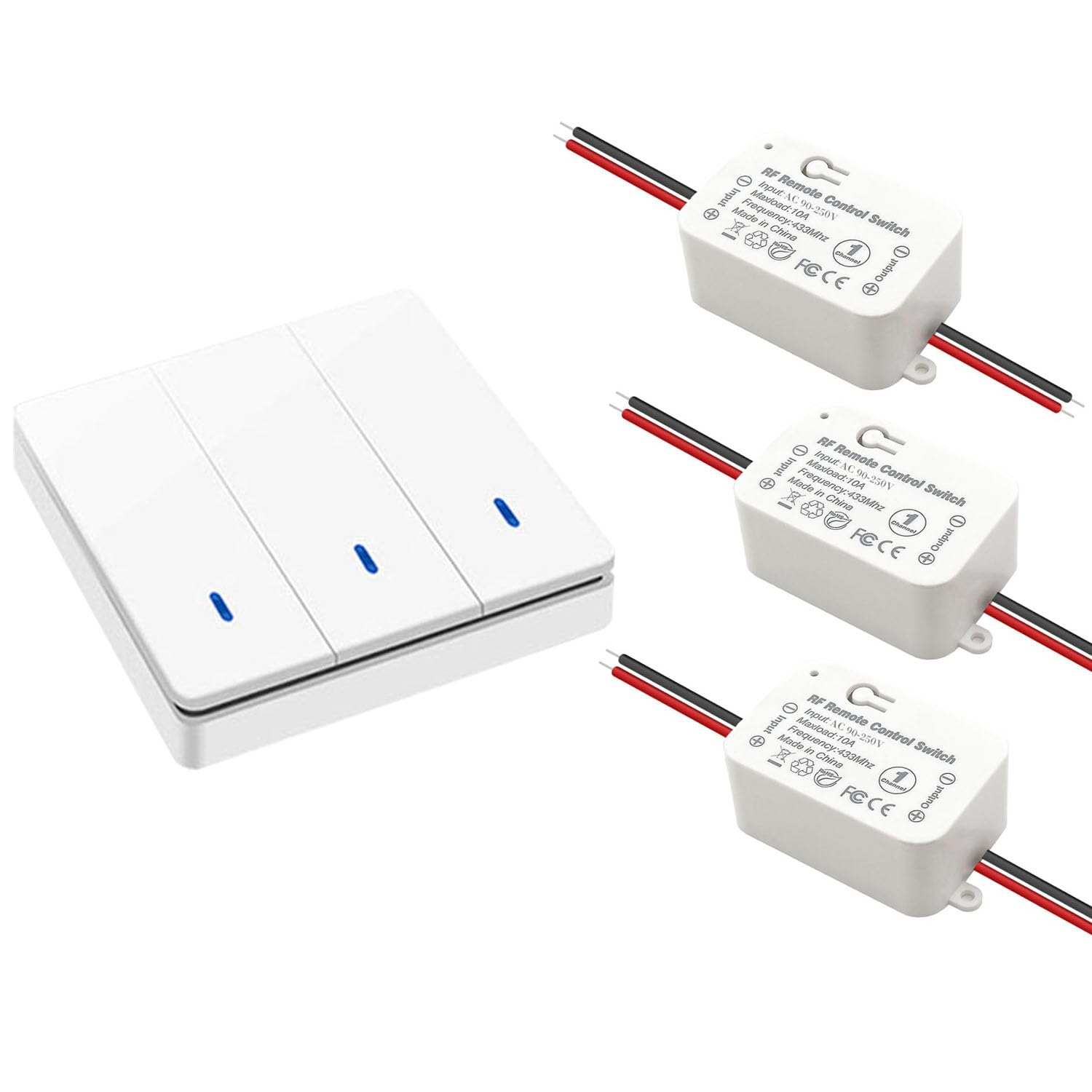 AENTIA Wireless light switch 86 Wall Panel RF Safety switch and 10A AC 220V 85V-250V Relay Receiver Controller, No Wiring Easy instal for lights up to 1500W (2 * Switch + 2 * Receiver)