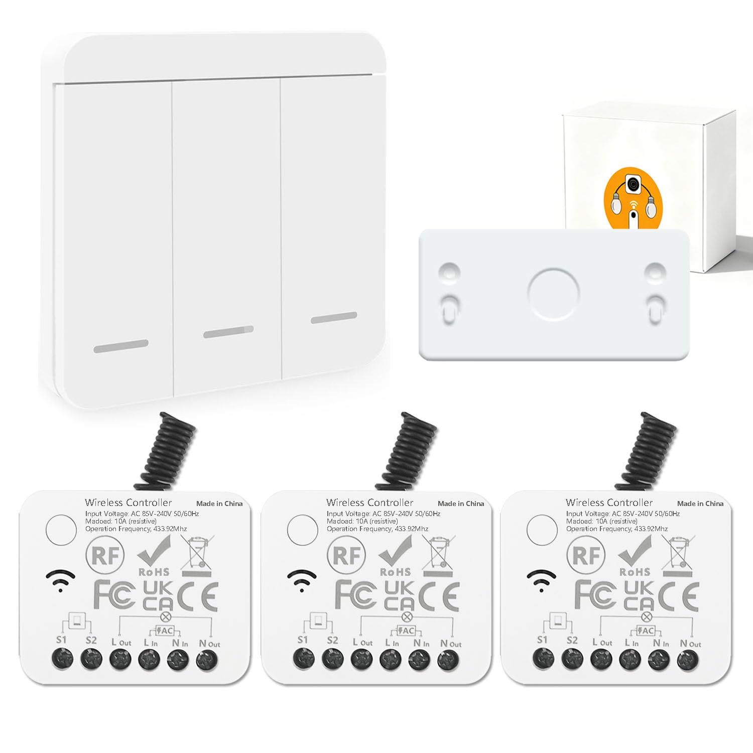 AENTIA Wireless light switch, RF433 Staircase safety switch and receiver controller 10A, easy installation for lamp up to 1500W, Up to 100 Meters Control for Lights