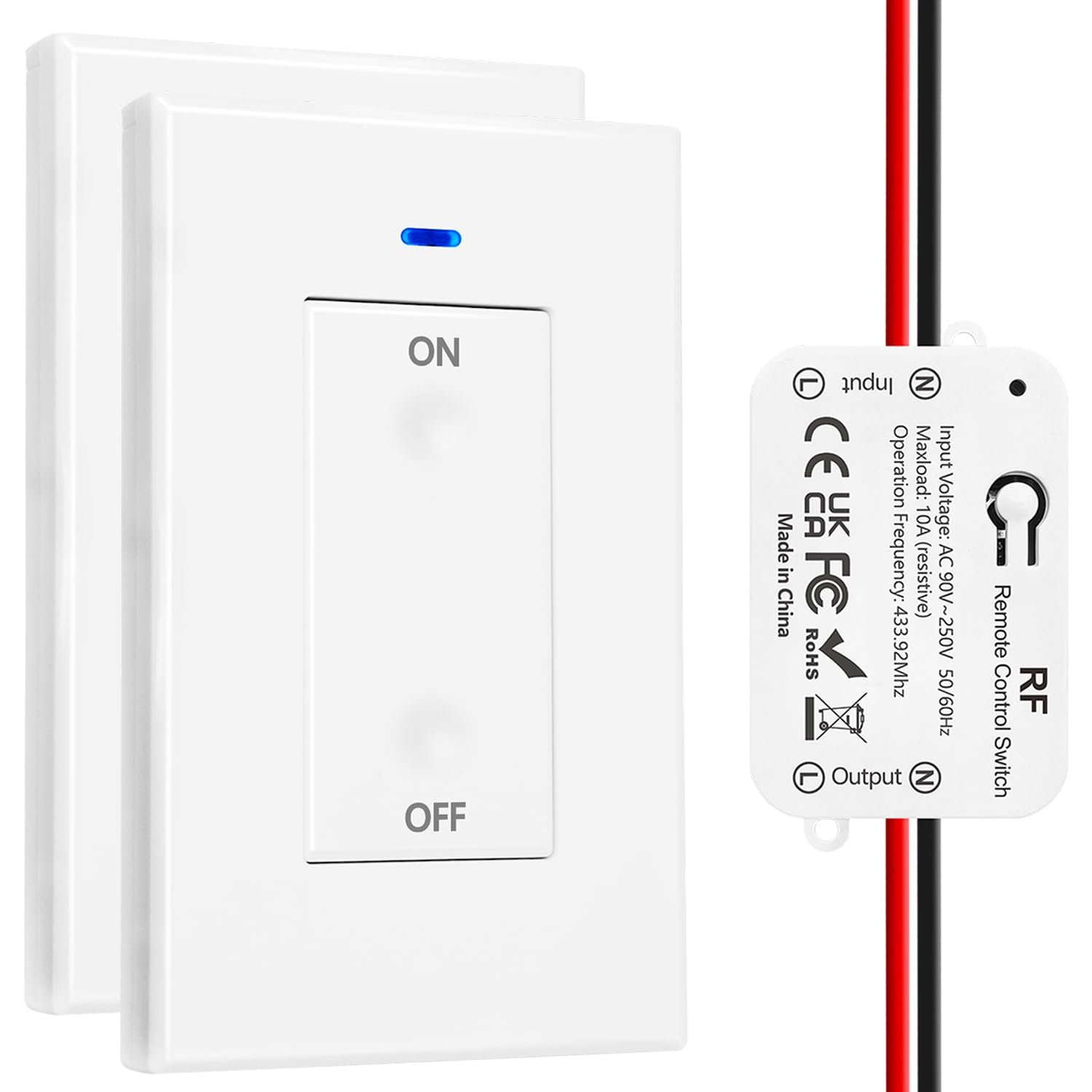 AENTIA AC 110V 120V 220V 240V Wireless Remote Control Light Switch 1500W 1 Channel 433Mhz RF Relay Receiver with 2 Transmitters Keyfob for Lamp Bulb, Easy to Install