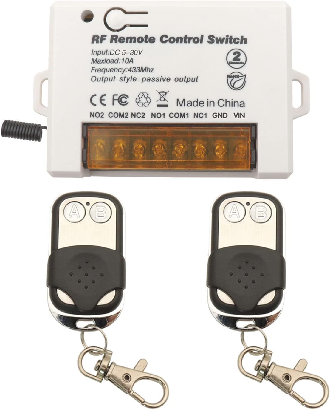 AENTIA 2 Channels Wireless Relay Remote Control Switch 433Mhz RF DC 5V 12V 24V 30V 10A Relay Receiver with 2 Transmitters Keyfob, Big Terminal Easy Wiring