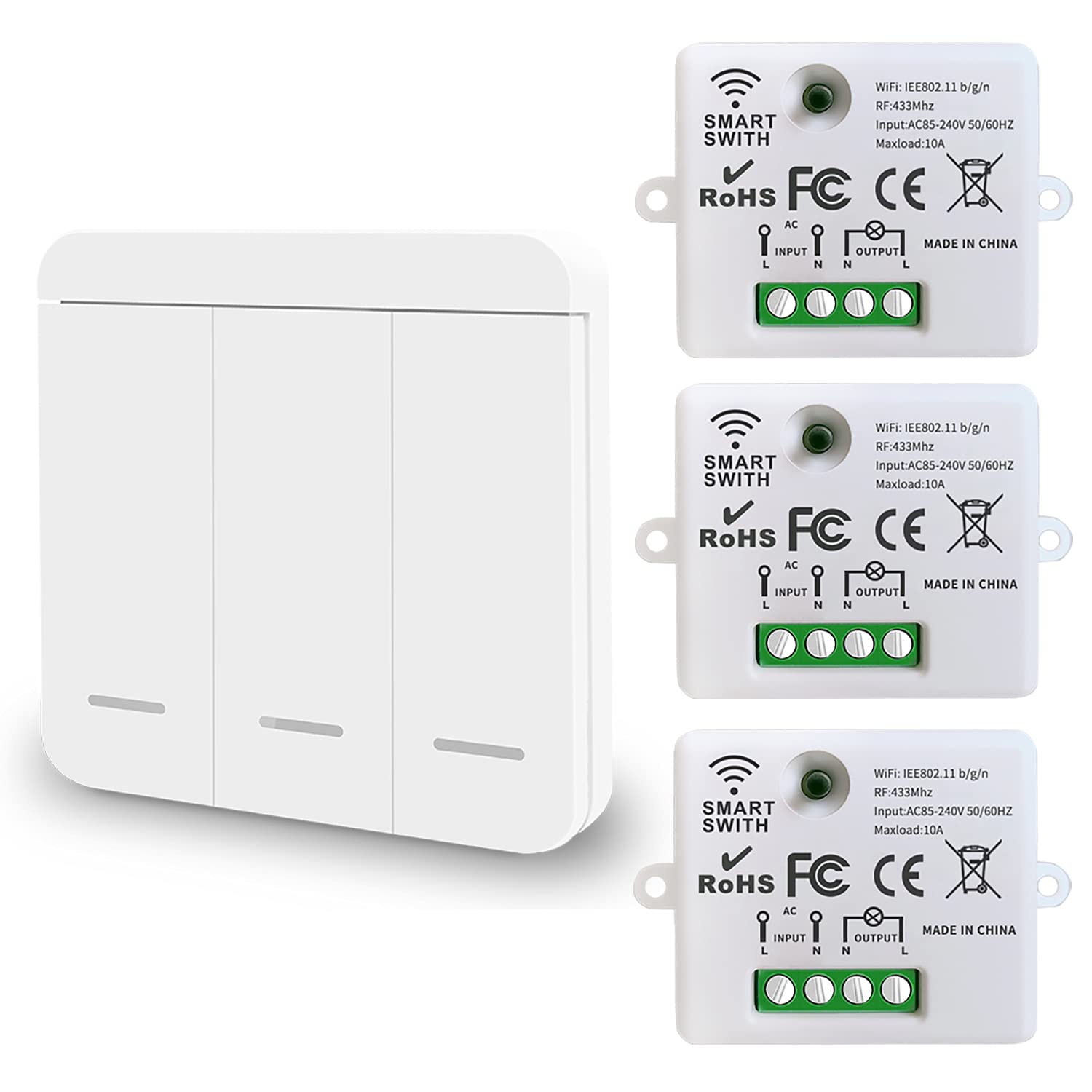 AENTIA Mini Wireless WiFi Switch, 2500W 10A RF Relay Remote Control 3 Recievers with 1 Wireless Wall Switch, Smart Control by Phone Via Tuya APP, Compatible with Alexa/Google Home