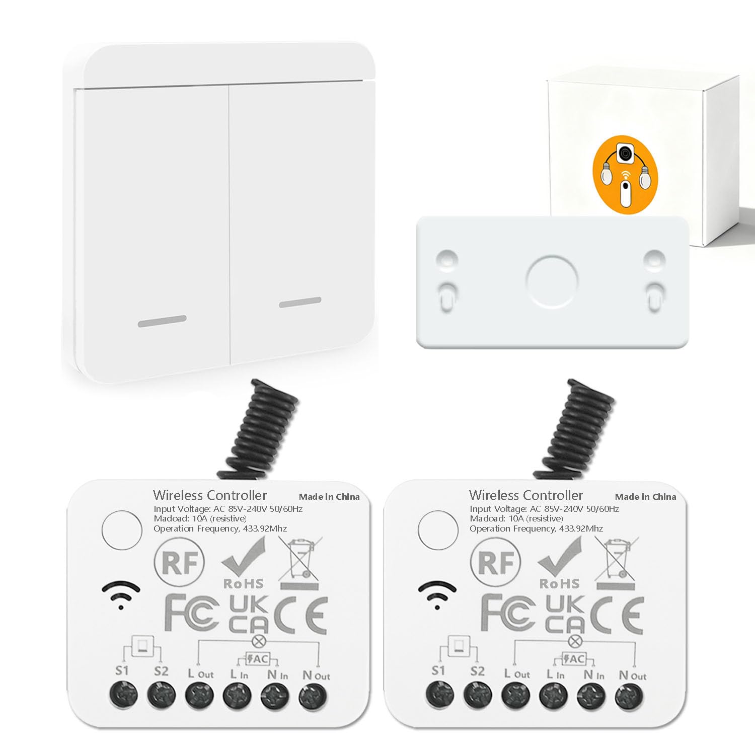 AENTIA Wireless light switch, RF433 Staircase safety switch and receiver controller 10A, easy installation for lamp up to 1500W, Up to 100 Meters Control for Lights