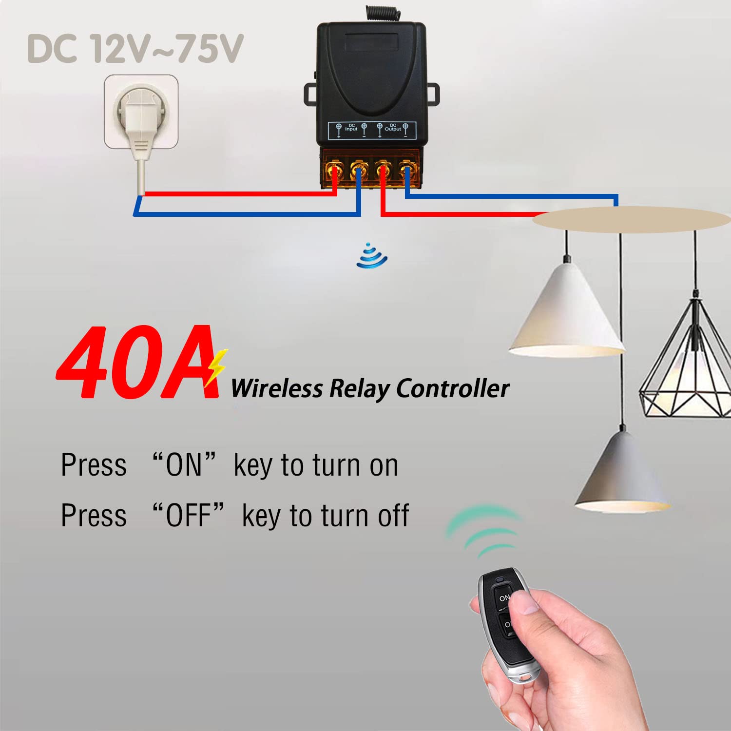 AENTIA 433Mhz Wireless Remote Control Switch with 328ft Long Range Radio Control DC 12V 24V 36V 48V 12V-75V 40A Relay Receiver and 2 Transmitters Keyfobs for Lighting Water Pump Household Appliances