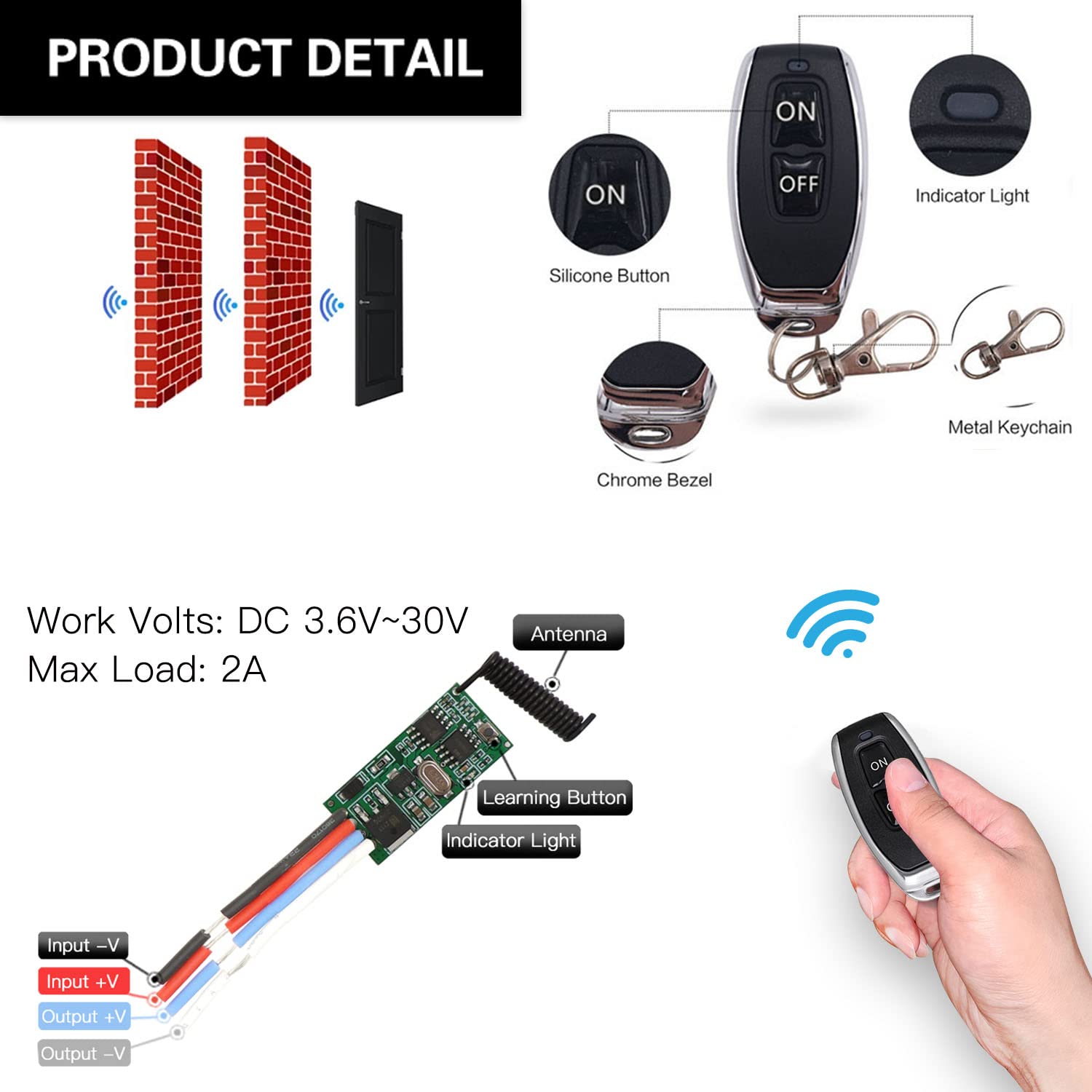 AENTIA 2 Receiver Modules with 2 Transmitters Wireless Remote Control Switch DC 3.6V 5V 12V 24V 30V 2A 1 Channel 433Mhz Radio Control Remote Switch Small Mini Size Controller