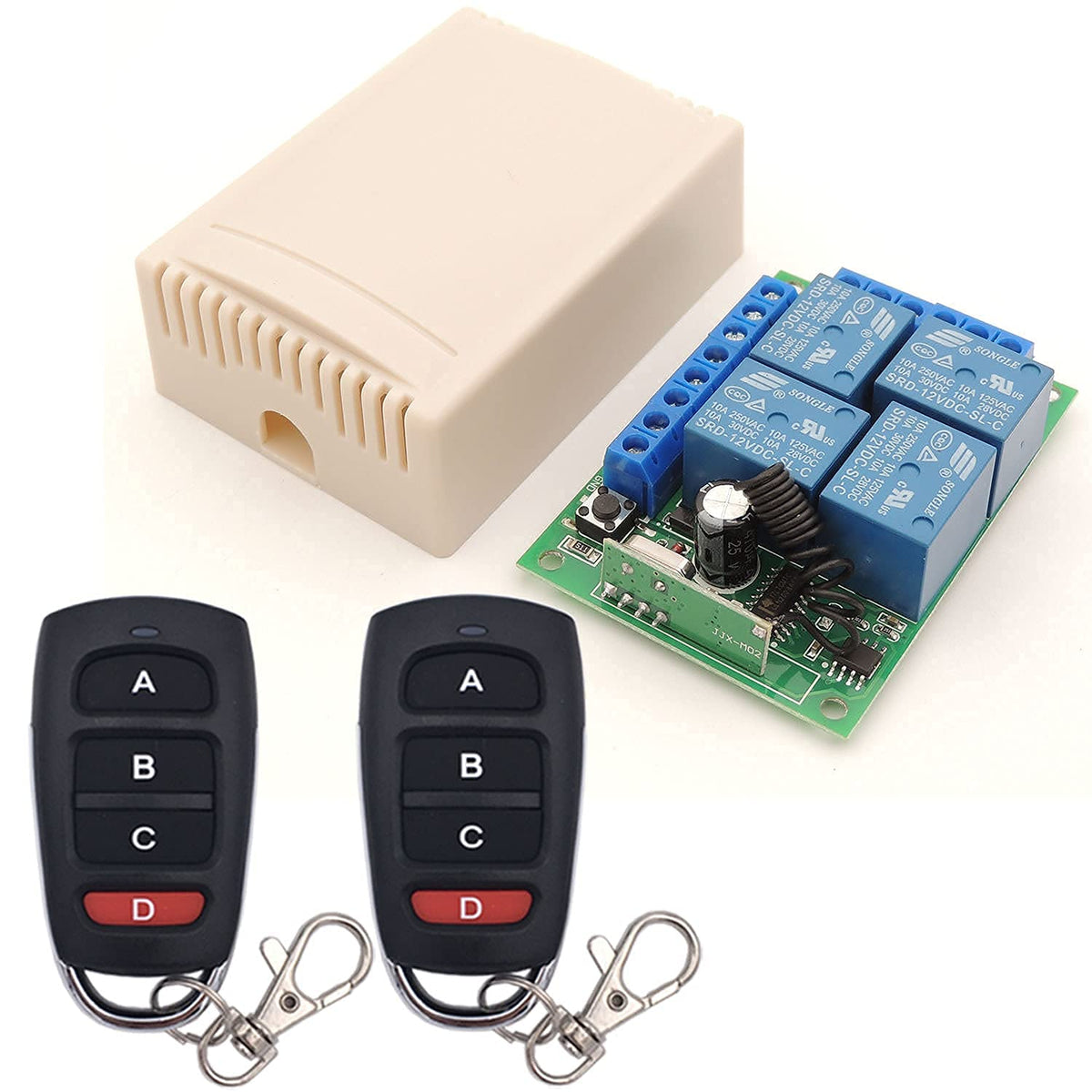 AENTIA DC 12V Wireless Relay Remote Control Switch 433MHz RF 4 Channels Relay Receiver Board with 2 Transmitters for Truck Trunk Motor Garage Door Electric Lock, 3 Operating Modes