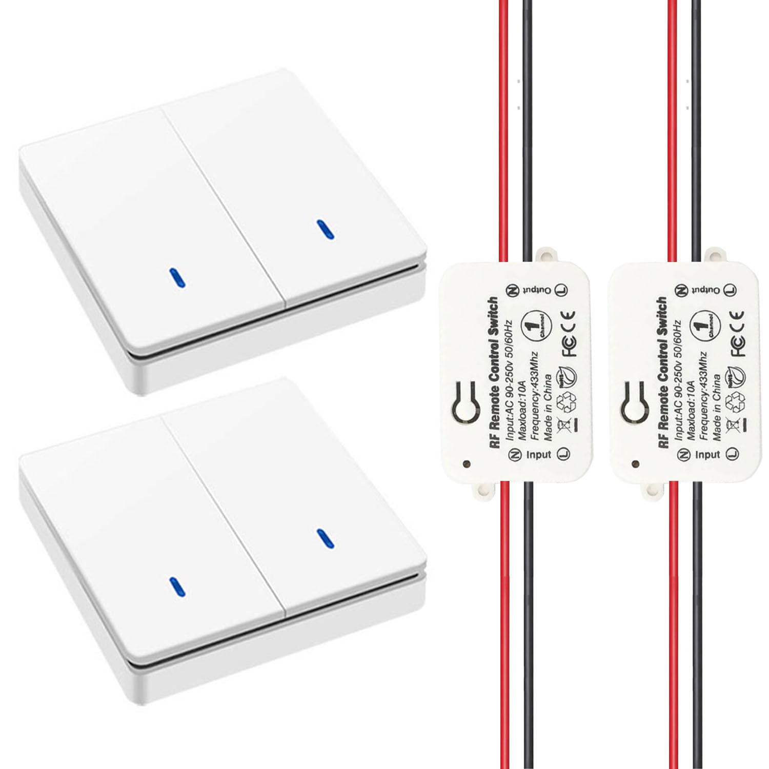 AENTIA Wireless light switch 86 Wall Panel RF Safety switch and 10A AC 220V 85V-250V Relay Receiver Controller, No Wiring Easy instal for lights up to 1500W (2 * Switch + 2 * Receiver)