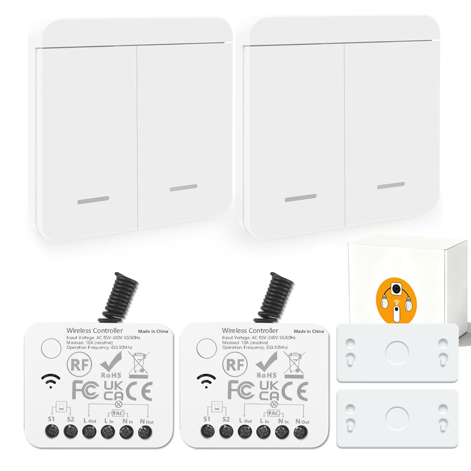 AENTIA Wireless light switch, RF433 Staircase safety switch and receiver controller 10A, easy installation for lamp up to 1500W, Up to 100 Meters Control for Lights