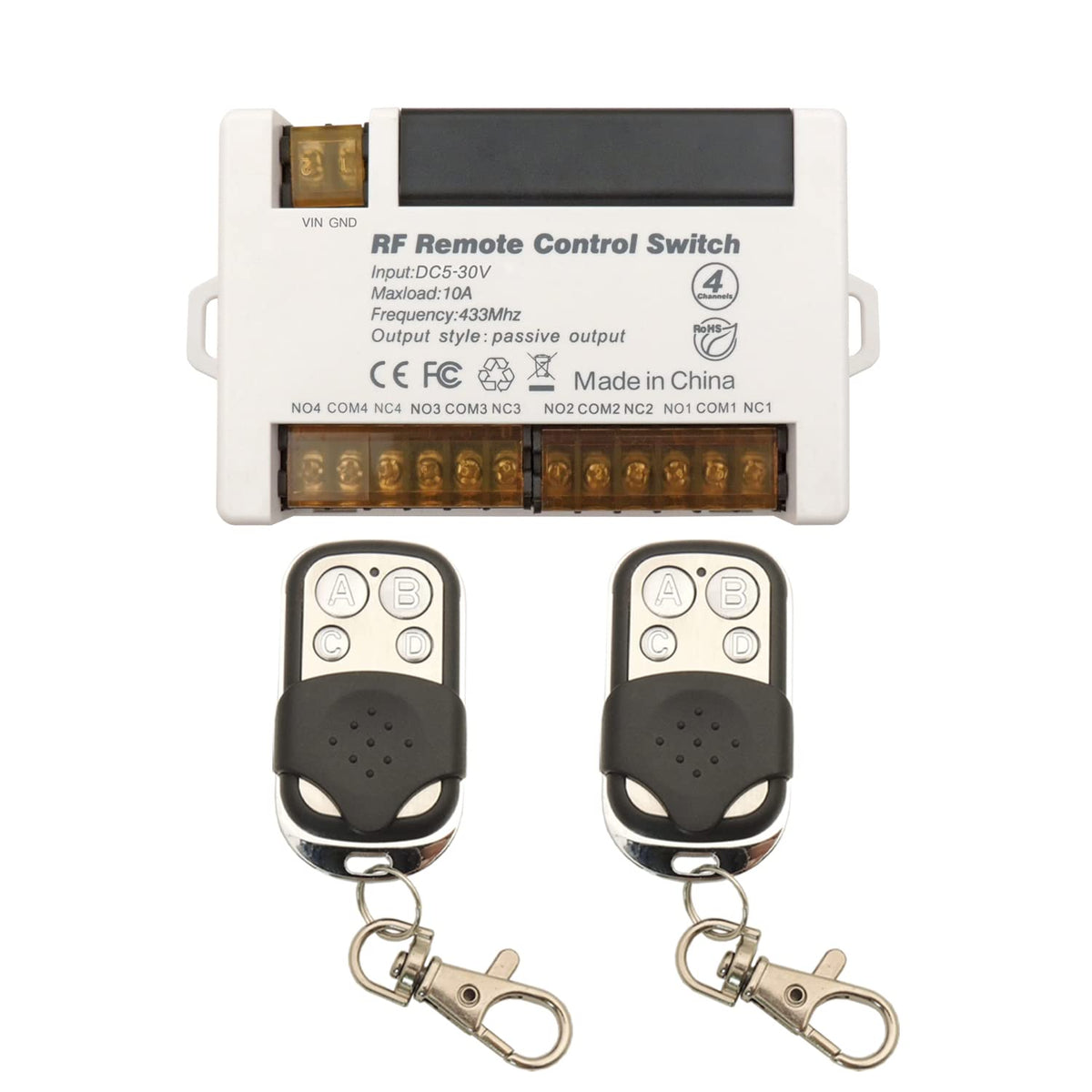 AENTIA 4 Channels Wireless Relay Remote Control Switch 433Mhz RF DC 5V 12V 24V 30V 10A Relay Receiver with 2 Transmitters Keyfob, Big Terminal Easy Wiring
