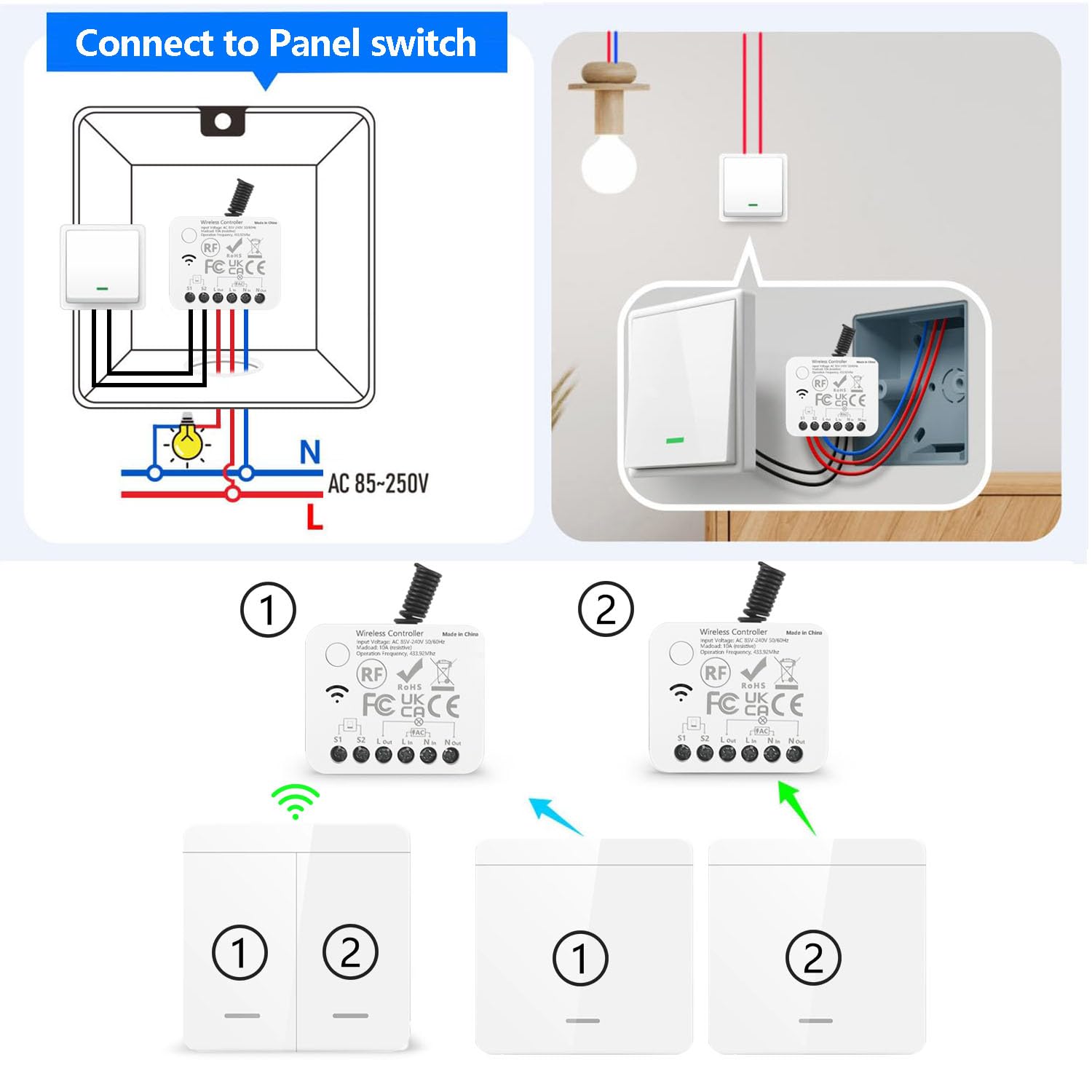 AENTIA Wireless light switch, RF433 Staircase safety switch and receiver controller 10A, easy installation for lamp up to 1500W, Up to 100 Meters Control for Lights