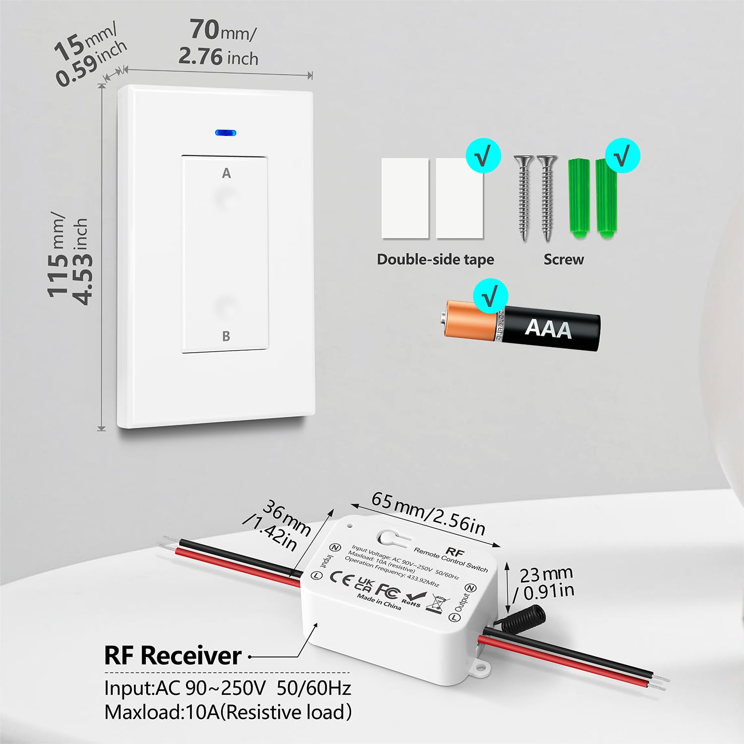 AENTIA AC 110V 120V 220V 240V Wireless Remote Control Light Switch 1500W 1 Channel 433Mhz RF Relay Receiver with 2 Transmitters Keyfob for Lamp Bulb, Easy to Install