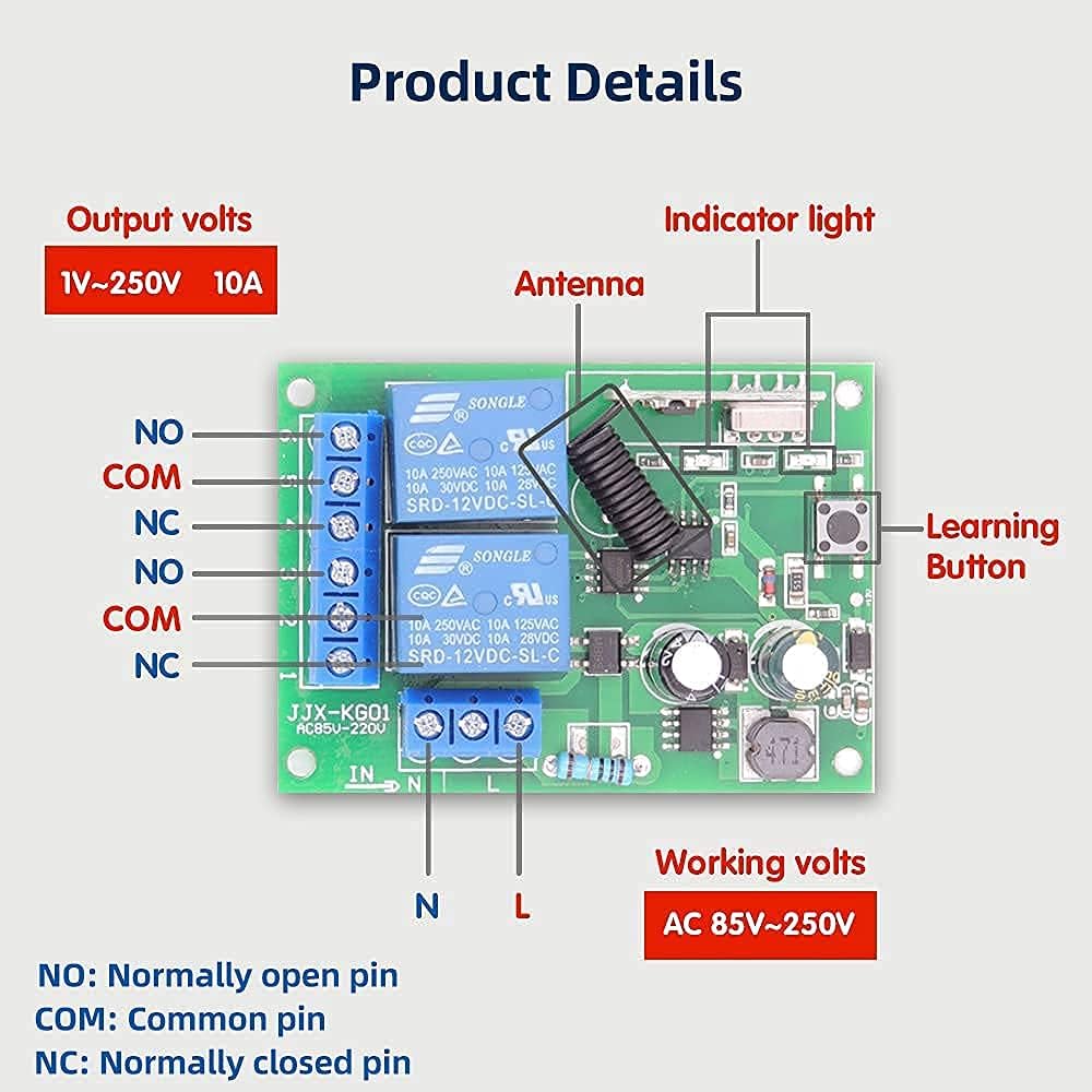 AENTIA AC 110V 120V 220V 240V Wireless Remote Control Switch 433Mhz RF 10A 2CH Relay Receiver with 2 Transmitters for Garage Door Electric Curtain Motor Light DIY Radio Control Switch