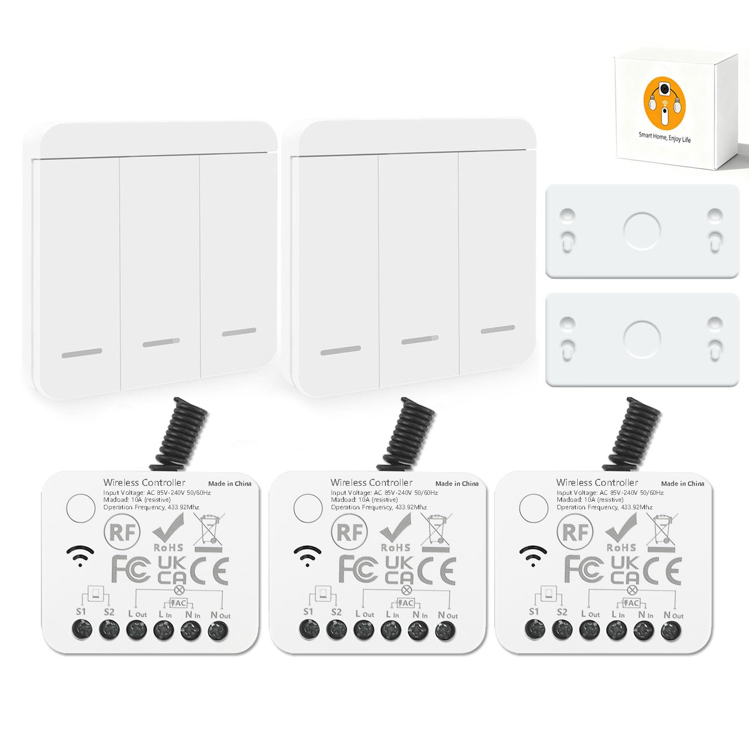 AENTIA Wireless light switch, RF433 Staircase safety switch and receiver controller 10A, easy installation for lamp up to 1500W, Up to 100 Meters Control for Lights
