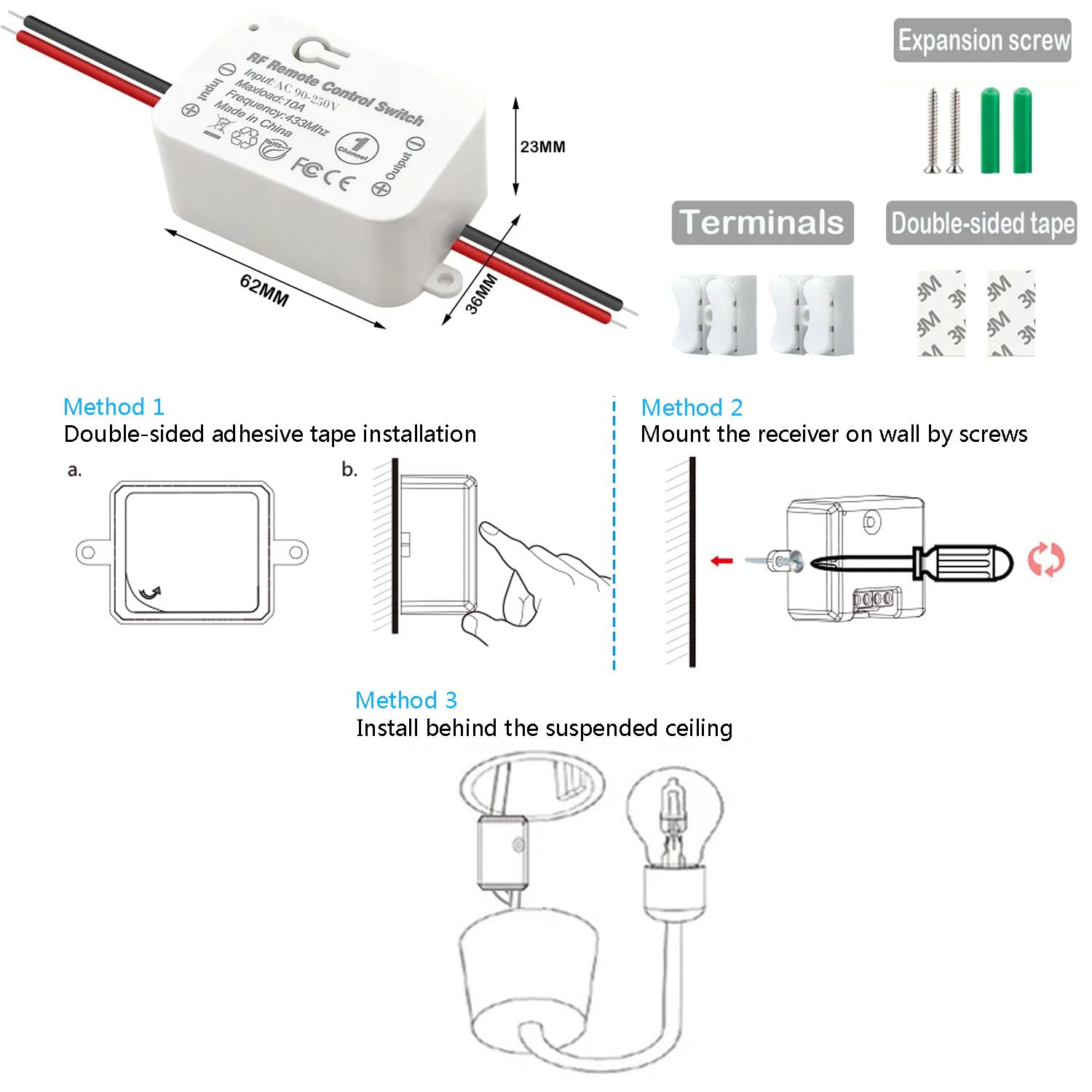 AENTIA Wireless light switch 86 Wall Panel RF Safety switch and 10A AC 220V 85V-250V Relay Receiver Controller, No Wiring Easy instal for lights up to 1500W (2 * Switch + 2 * Receiver)