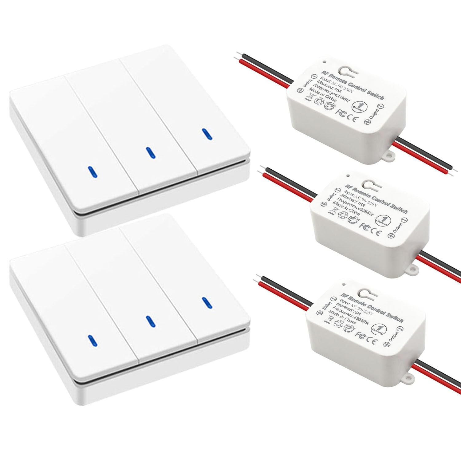 AENTIA Wireless light switch 86 Wall Panel RF Safety switch and 10A AC 220V 85V-250V Relay Receiver Controller, No Wiring Easy instal for lights up to 1500W (2 * Switch + 2 * Receiver)