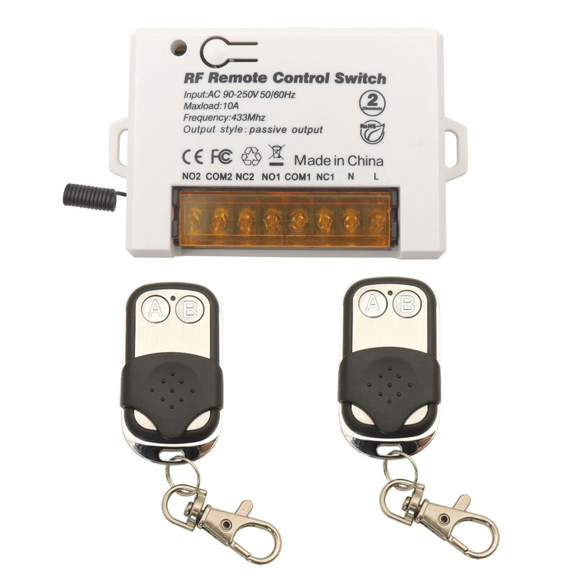 AENTIA 2 Channels Wireless Relay Remote Control Switch 433Mhz RF AC 110V 120V 220V 240V 10A Relay Receiver with 2 Transmitters Keyfob, Big Terminal Easy Wiring