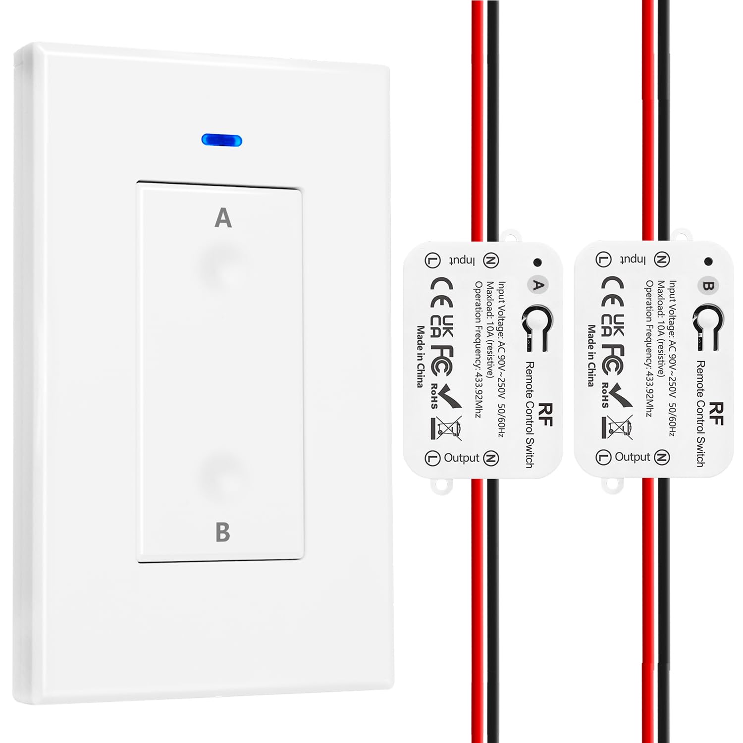 AENTIA AC 110V 120V 220V 240V Wireless Remote Control Light Switch 1500W 1 Channel 433Mhz RF Relay Receiver with 2 Transmitters Keyfob for Lamp Bulb, Easy to Install