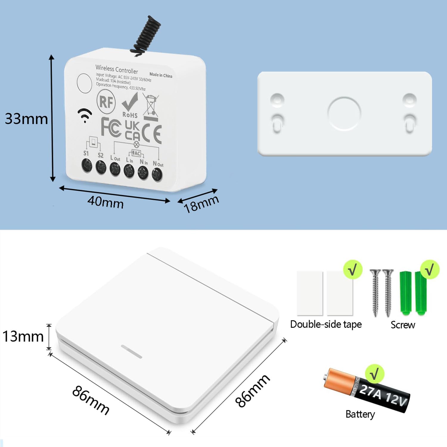 AENTIA Wireless light switch, RF433 Staircase safety switch and receiver controller 10A, easy installation for lamp up to 1500W, Up to 100 Meters Control for Lights