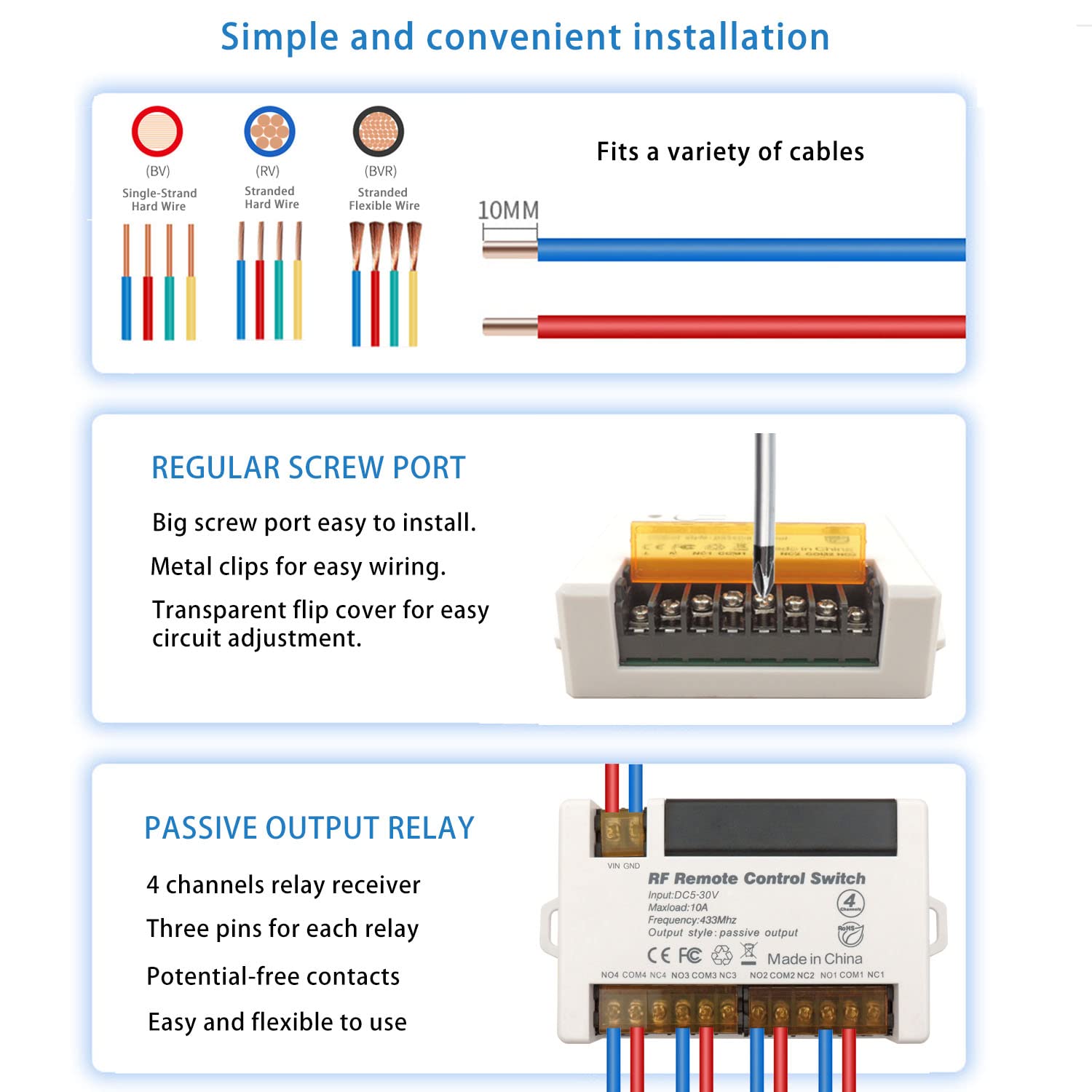 AENTIA 4 Channels Wireless Relay Remote Control Switch 433Mhz RF DC 5V 12V 24V 30V 10A Relay Receiver with 2 Transmitters Keyfob, Big Terminal Easy Wiring