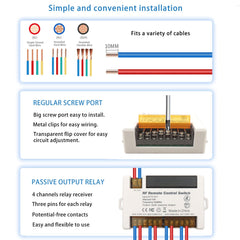 AENTIA 4 Channels Wireless Relay Remote Control Switch 433Mhz RF DC 5V 12V 24V 30V 10A Relay Receiver with 2 Transmitters Keyfob, Big Terminal Easy Wiring
