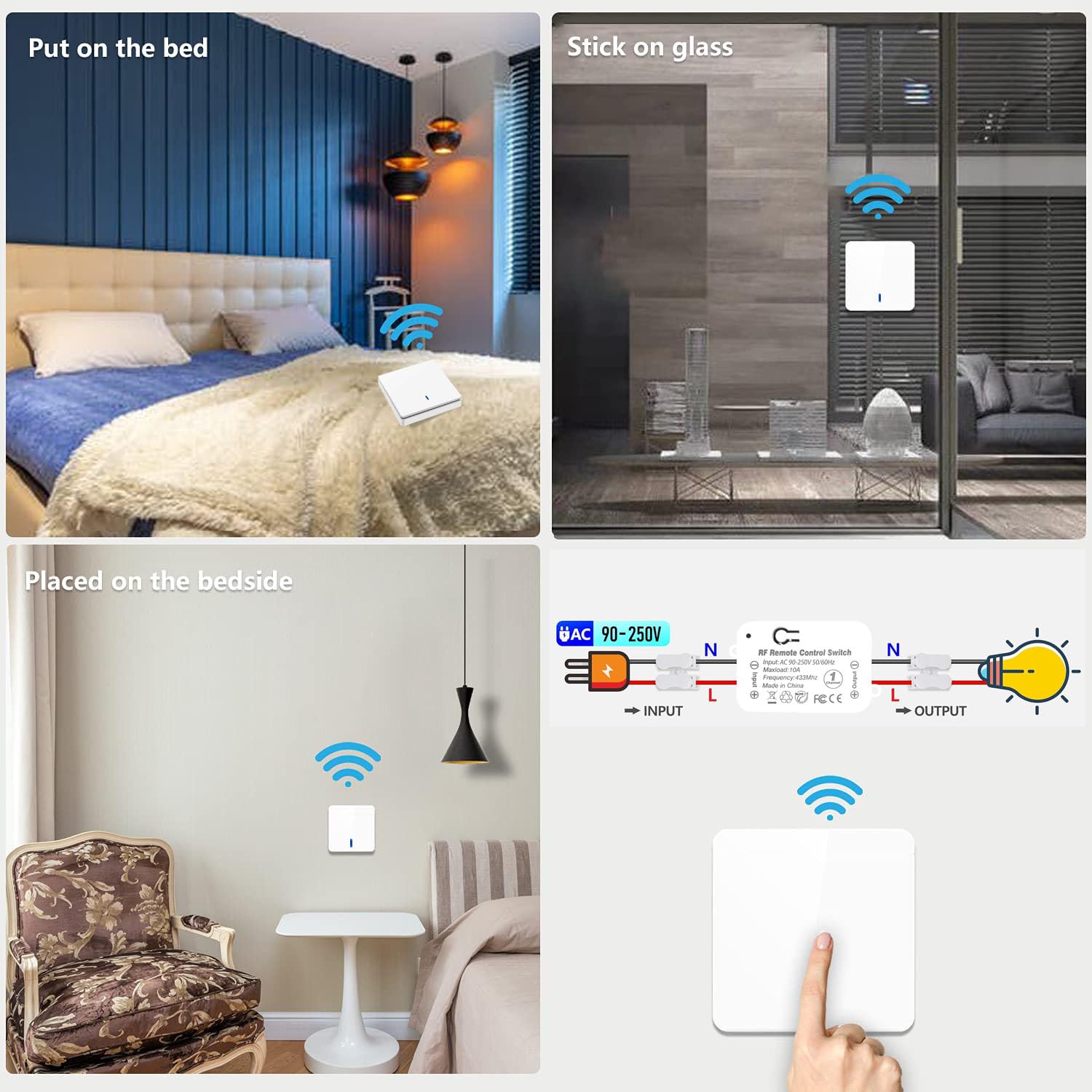 AENTIA Wireless light switch 86 Wall Panel RF Safety switch and 10A AC 220V 85V-250V Relay Receiver Controller, No Wiring Easy instal for lights up to 1500W (2 * Switch + 2 * Receiver)