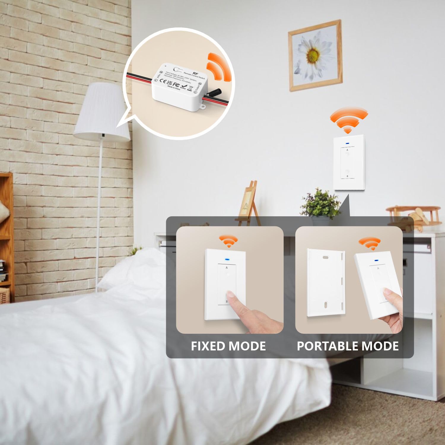 AENTIA AC 110V 120V 220V 240V Wireless Remote Control Light Switch 1500W 1 Channel 433Mhz RF Relay Receiver with 2 Transmitters Keyfob for Lamp Bulb, Easy to Install