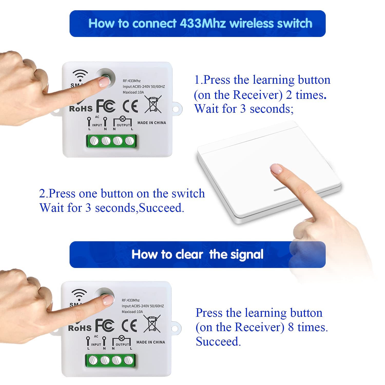 AENTIA Wireless Light Switch, Safety Switch RF Transmitter and Receiver Controller 10A, Simple Installation for Lamps Up to 1500W