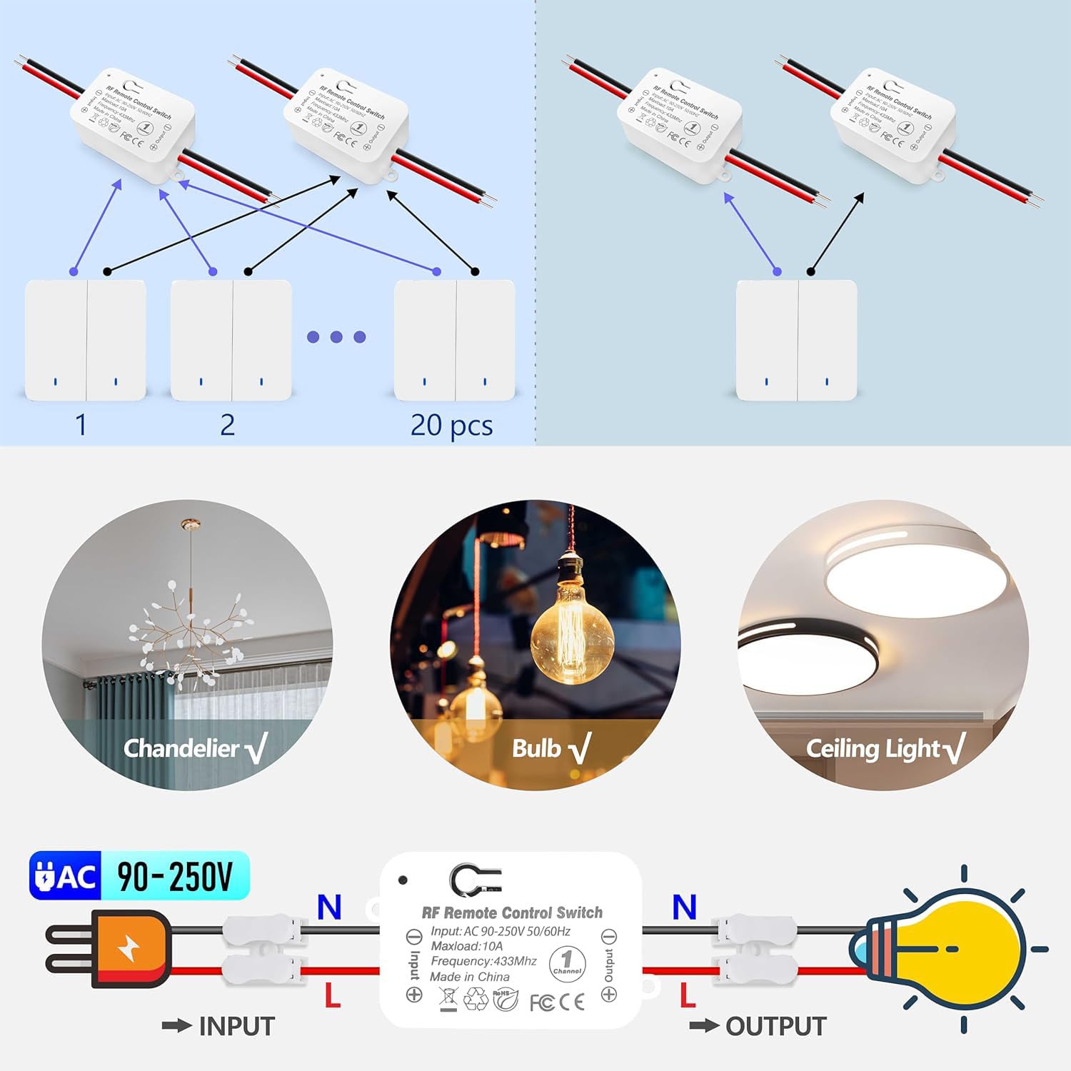 AENTIA Wireless light switch 86 Wall Panel RF Safety switch and 10A AC 220V 85V-250V Relay Receiver Controller, No Wiring Easy instal for lights up to 1500W (2 * Switch + 2 * Receiver)