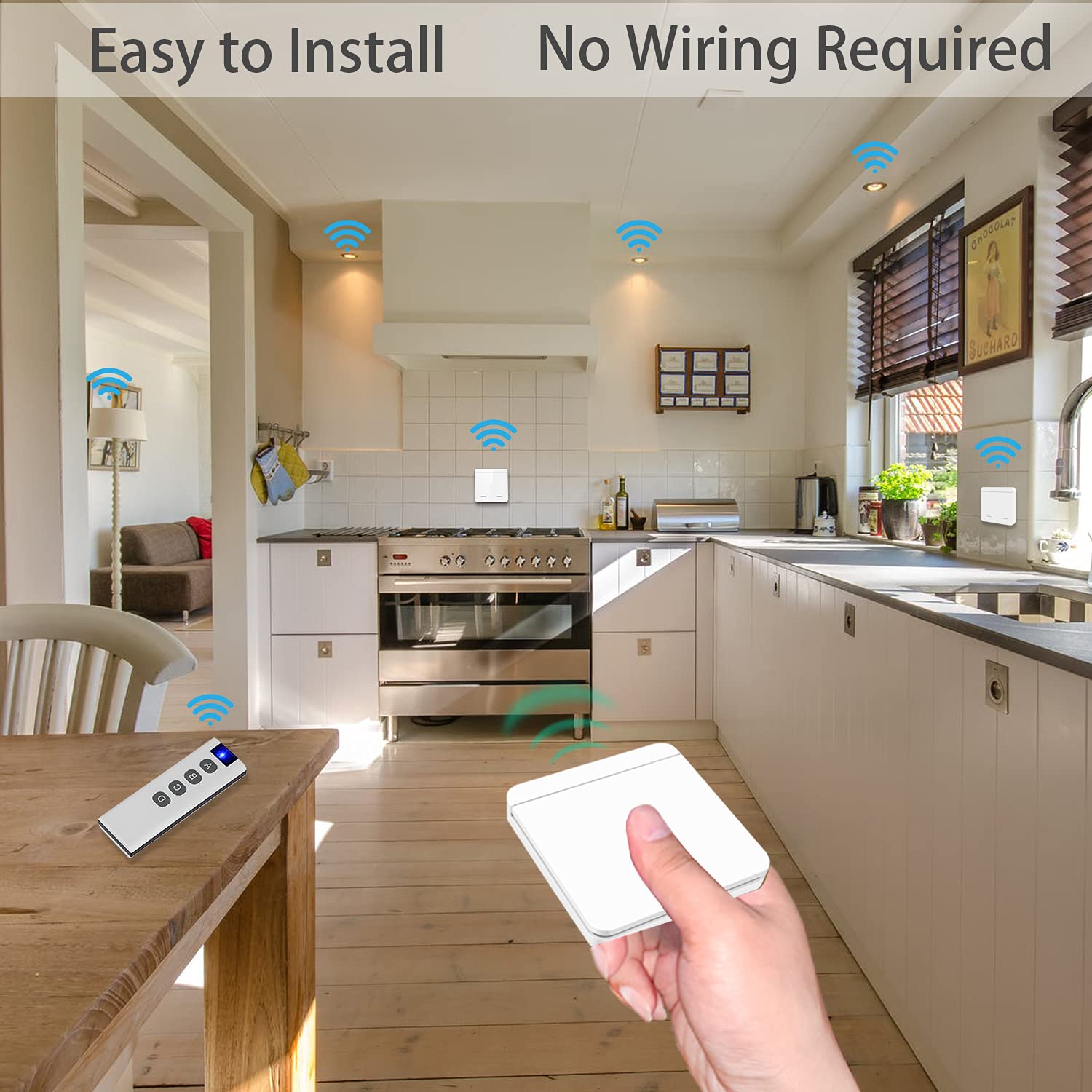 AENTIA Wireless Light Switch, Safety Switch RF Transmitter and Receiver Controller 10A, Simple Installation for Lamps Up to 1500W