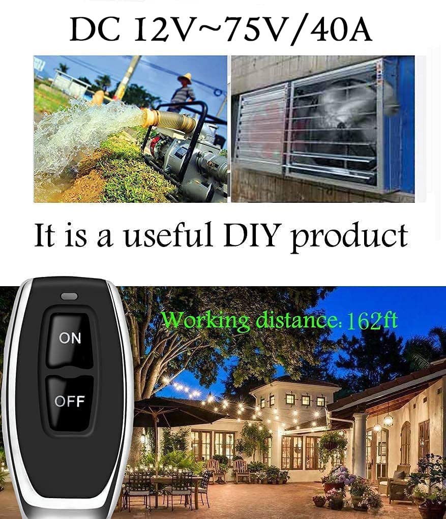 AENTIA 433Mhz Wireless Remote Control Switch with 328ft Long Range Radio Control DC 12V 24V 36V 48V 12V-75V 40A Relay Receiver and 2 Transmitters Keyfobs for Lighting Water Pump Household Appliances