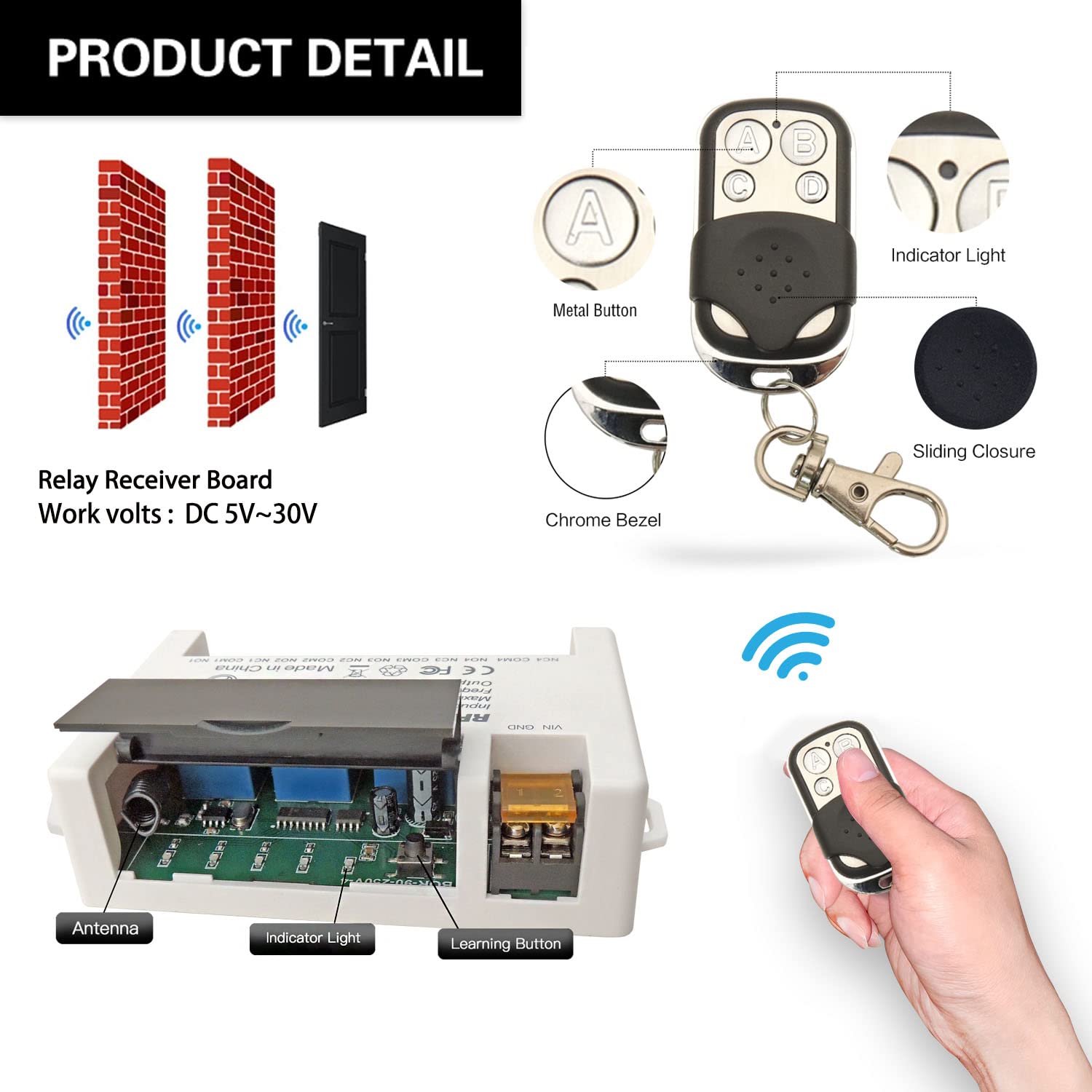 AENTIA 4 Channels Wireless Relay Remote Control Switch 433Mhz RF DC 5V 12V 24V 30V 10A Relay Receiver with 2 Transmitters Keyfob, Big Terminal Easy Wiring