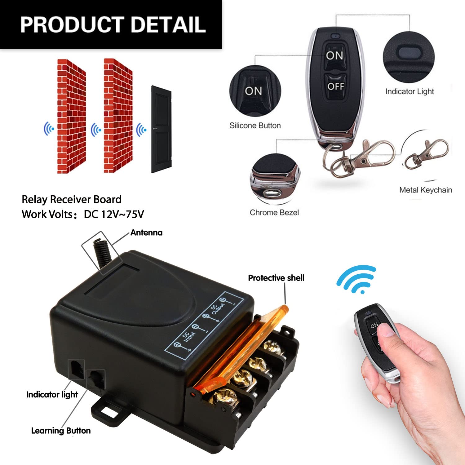 AENTIA 433Mhz Wireless Remote Control Switch with 328ft Long Range Radio Control DC 12V 24V 36V 48V 12V-75V 40A Relay Receiver and 2 Transmitters Keyfobs for Lighting Water Pump Household Appliances