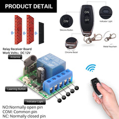 AENTIA 433Mhz Universal Wireless Remote Control Switch DC 12V 1CH RF Relay Receiver Module with 2 Transmitters, EV1527 Learning Code Remote Switch