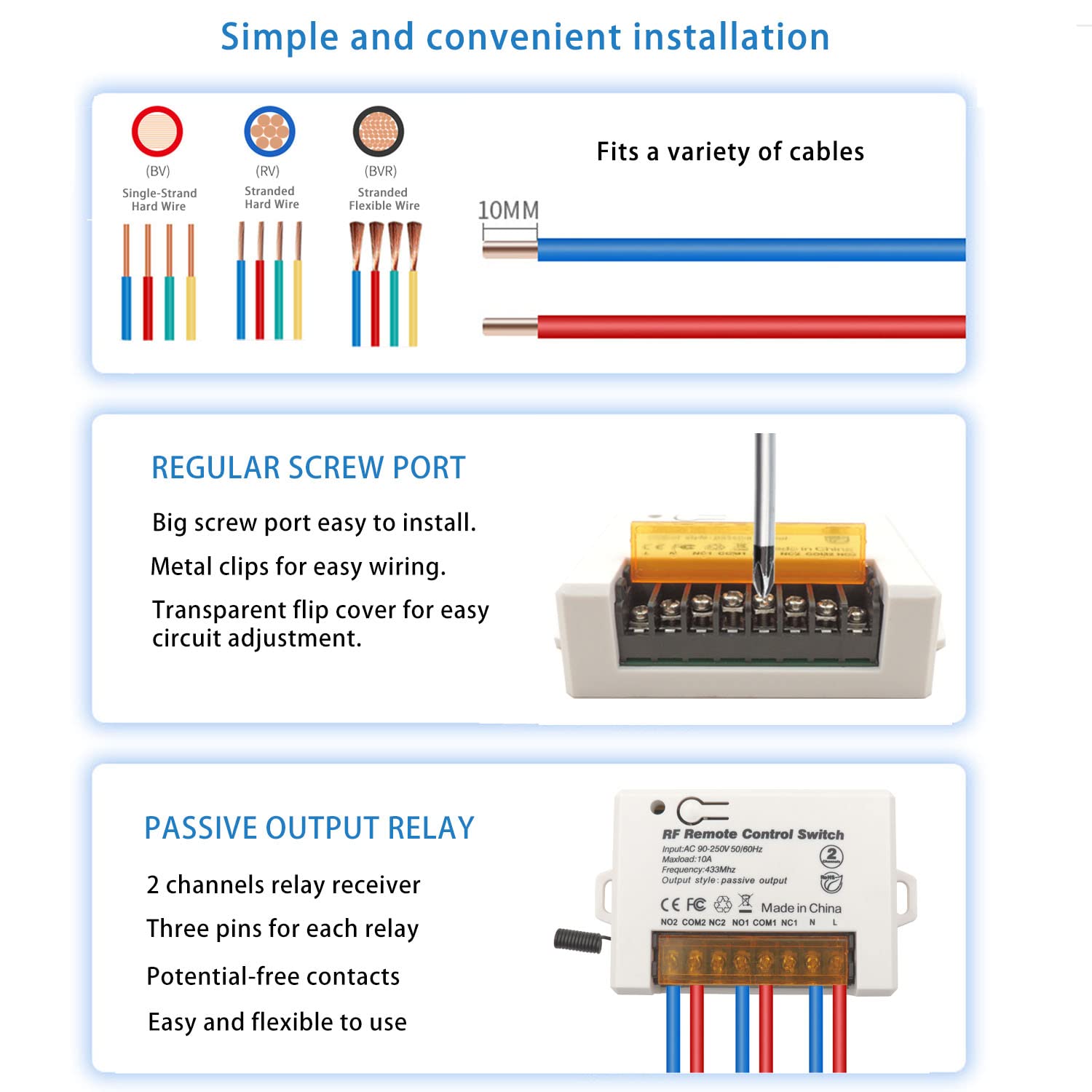 AENTIA 2 Channels Wireless Relay Remote Control Switch 433Mhz RF AC 110V 120V 220V 240V 10A Relay Receiver with 2 Transmitters Keyfob, Big Terminal Easy Wiring