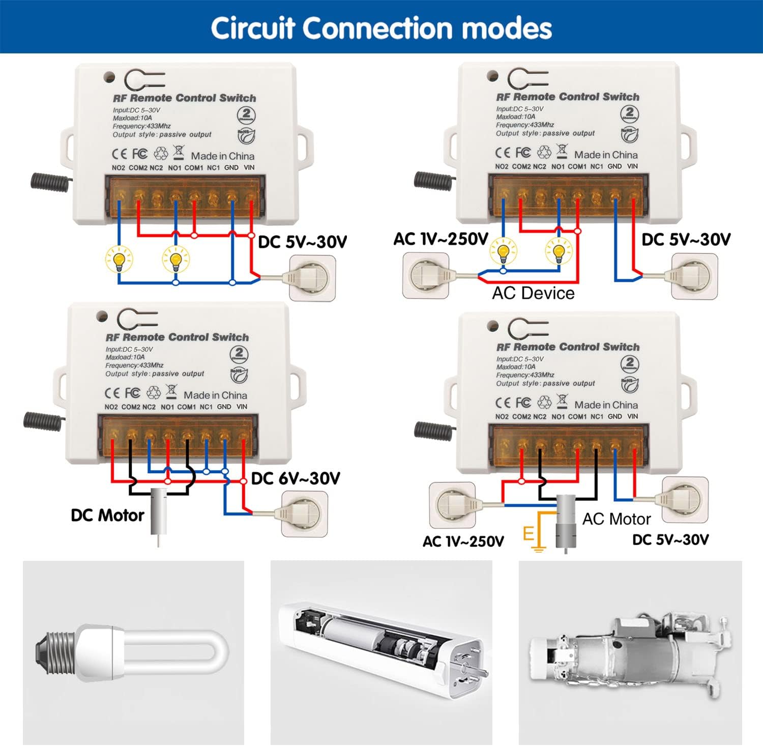 AENTIA 2 Channels Wireless Relay Remote Control Switch 433Mhz RF DC 5V 12V 24V 30V 10A Relay Receiver with 2 Transmitters Keyfob, Big Terminal Easy Wiring