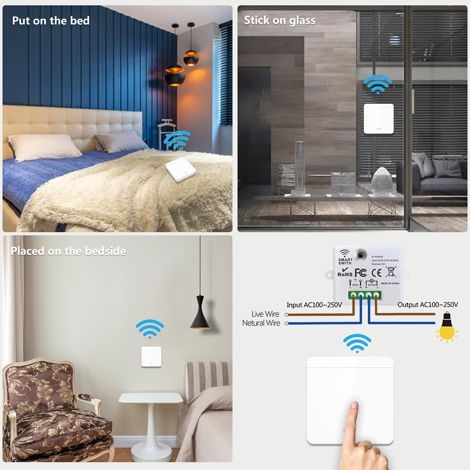 AENTIA Wireless Light Switch, Safety Switch RF Transmitter and Receiver Controller 10A, Simple Installation for Lamps Up to 1500W