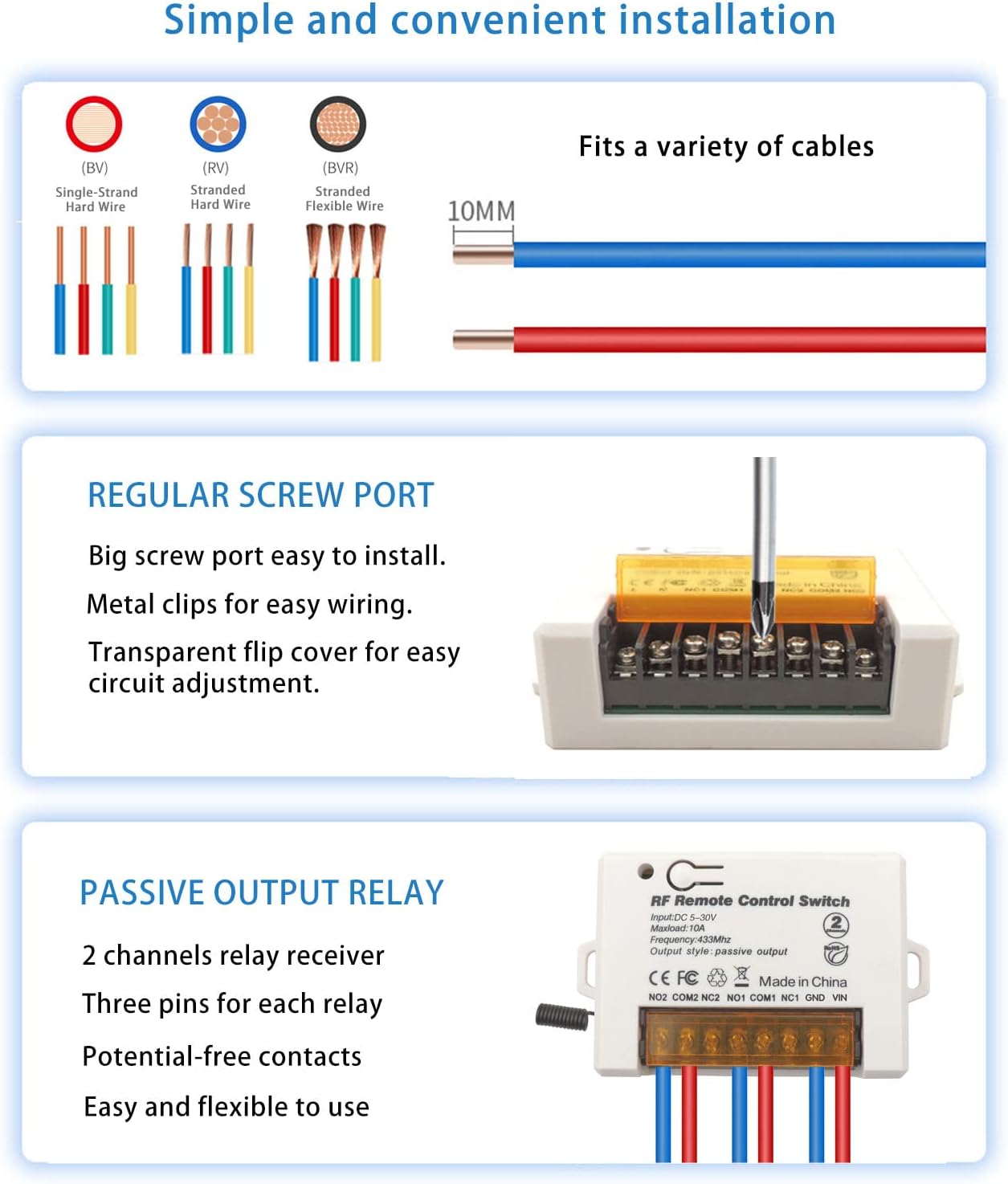 AENTIA 2 Channels Wireless Relay Remote Control Switch 433Mhz RF DC 5V 12V 24V 30V 10A Relay Receiver with 2 Transmitters Keyfob, Big Terminal Easy Wiring