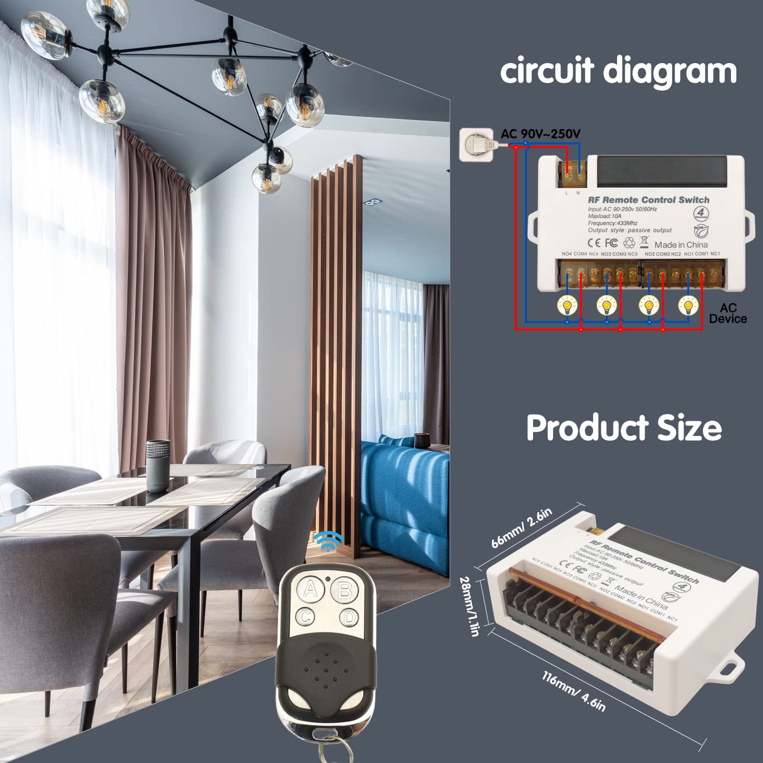 AENTIA 4 Channels Wireless Relay Remote Control Switch 433Mhz RF AC 110V 120V 220V 240V 10A Relay Receiver with 2 Transmitters Keyfob, Big Terminal Easy Wiring