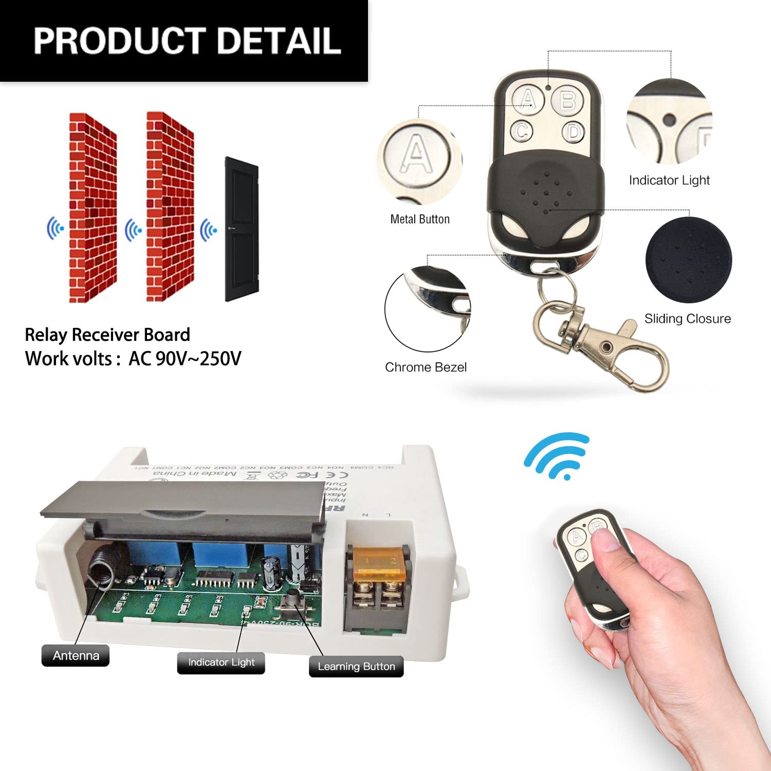AENTIA 4 Channels Wireless Relay Remote Control Switch 433Mhz RF AC 110V 120V 220V 240V 10A Relay Receiver with 2 Transmitters Keyfob, Big Terminal Easy Wiring