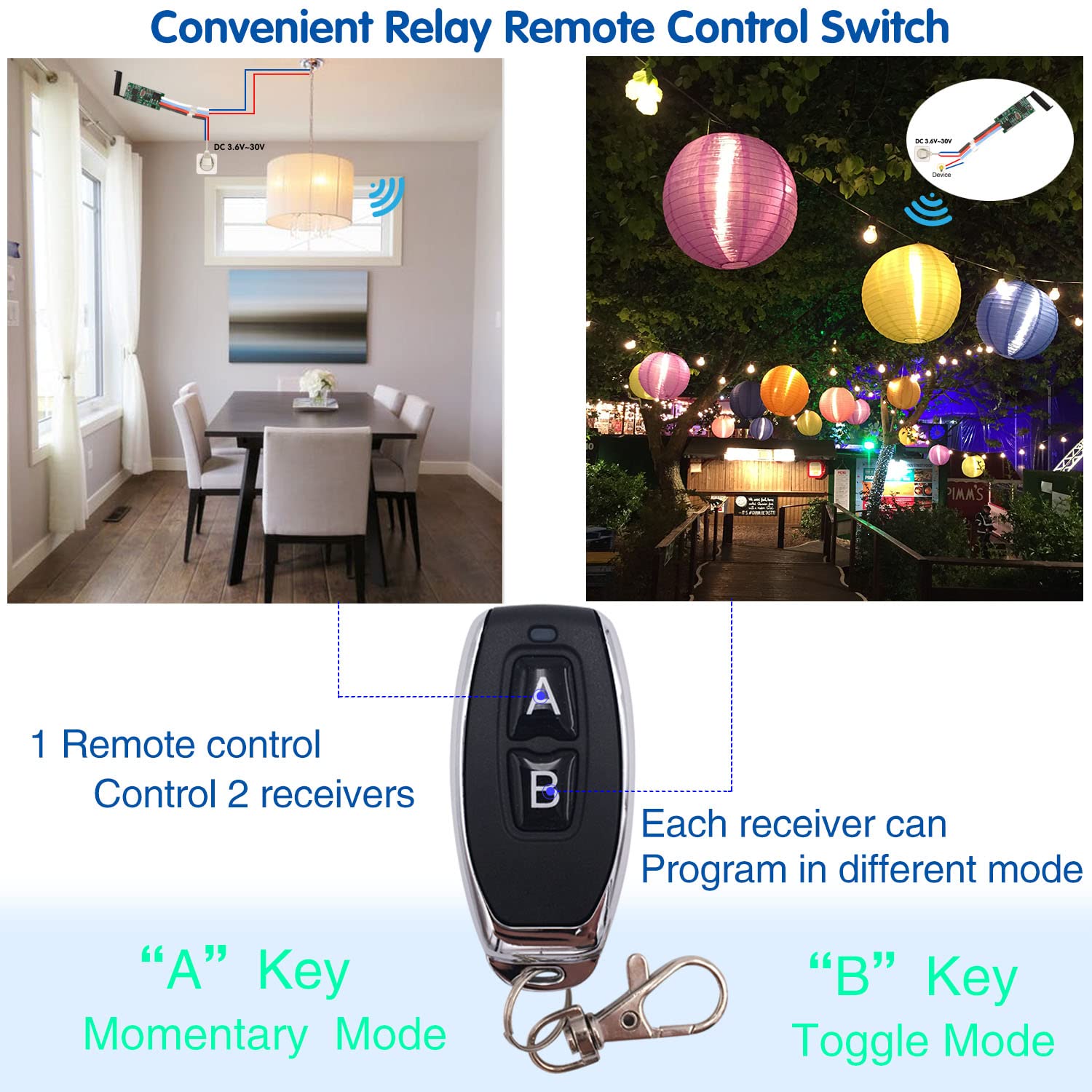 AENTIA 2 Receiver Modules with 2 Transmitters Wireless Remote Control Switch DC 3.6V 5V 12V 24V 30V 2A 1 Channel 433Mhz Radio Control Remote Switch Small Mini Size Controller