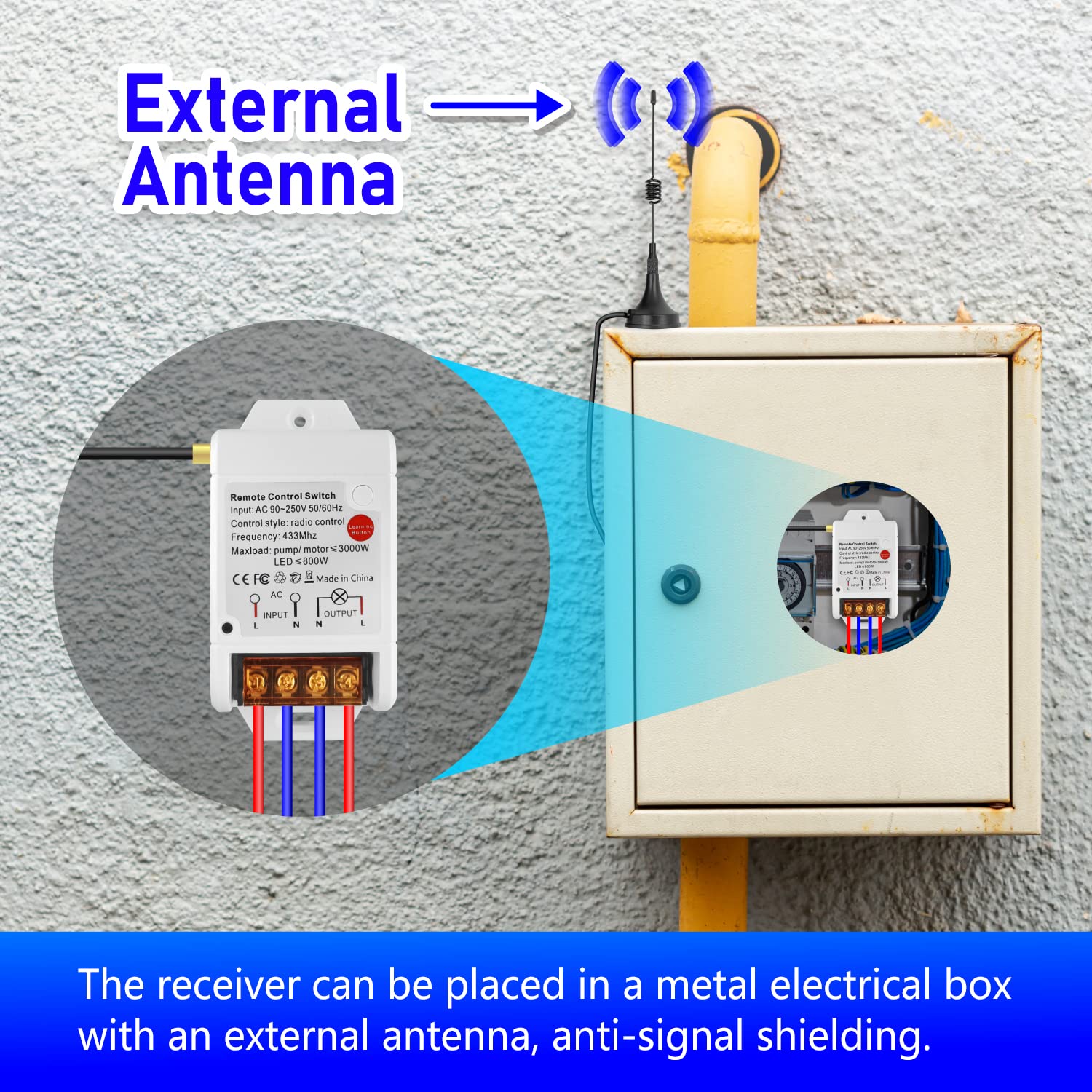 AENTIA Remote Control Switch Pump Motor Wireless Receiver Relay AC 230 V 220 V 3000 W and 2 Transmitters Control Range up to 100 - 300 m for Water Pump Lights Motor