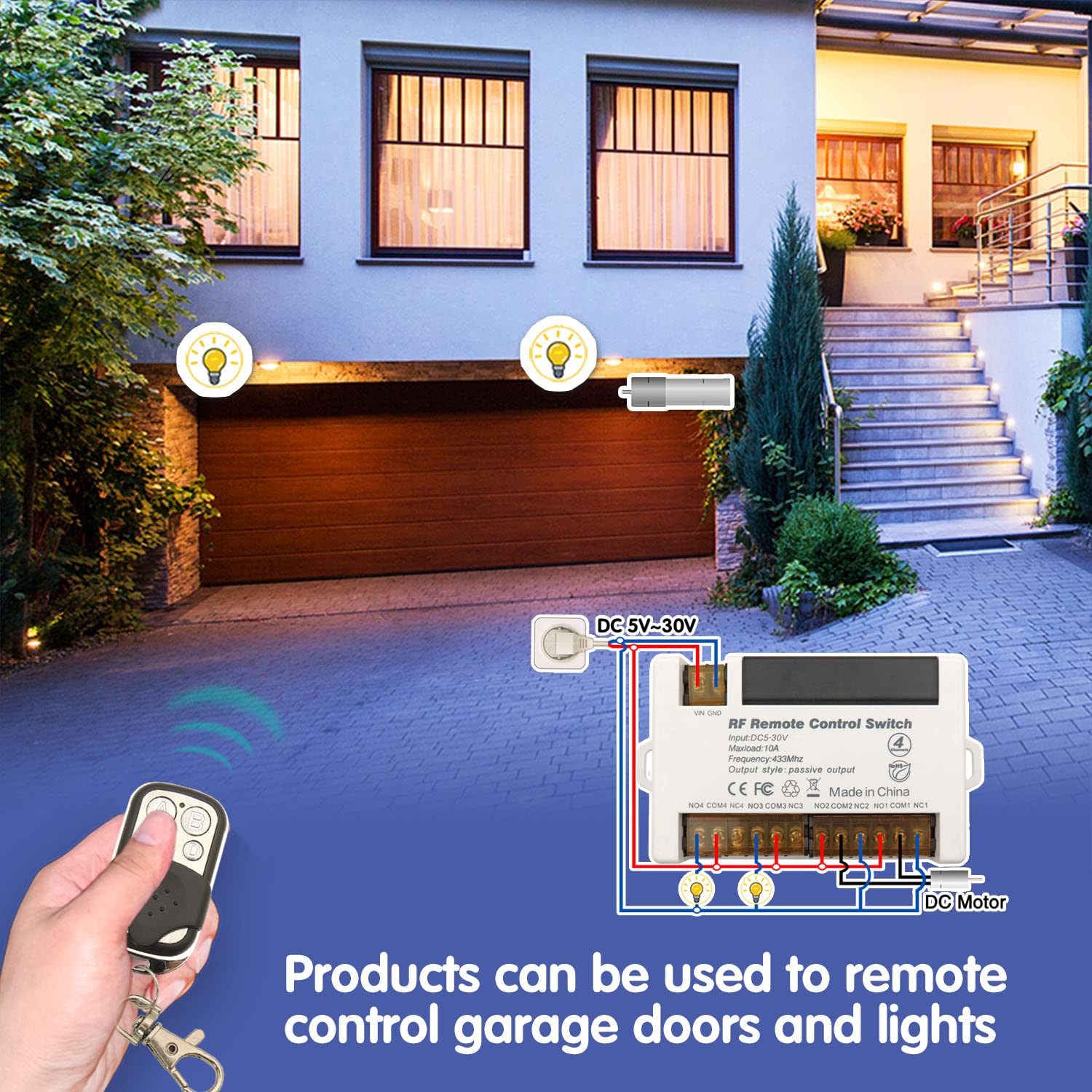 AENTIA 4 Channels Wireless Relay Remote Control Switch 433Mhz RF DC 5V 12V 24V 30V 10A Relay Receiver with 2 Transmitters Keyfob, Big Terminal Easy Wiring