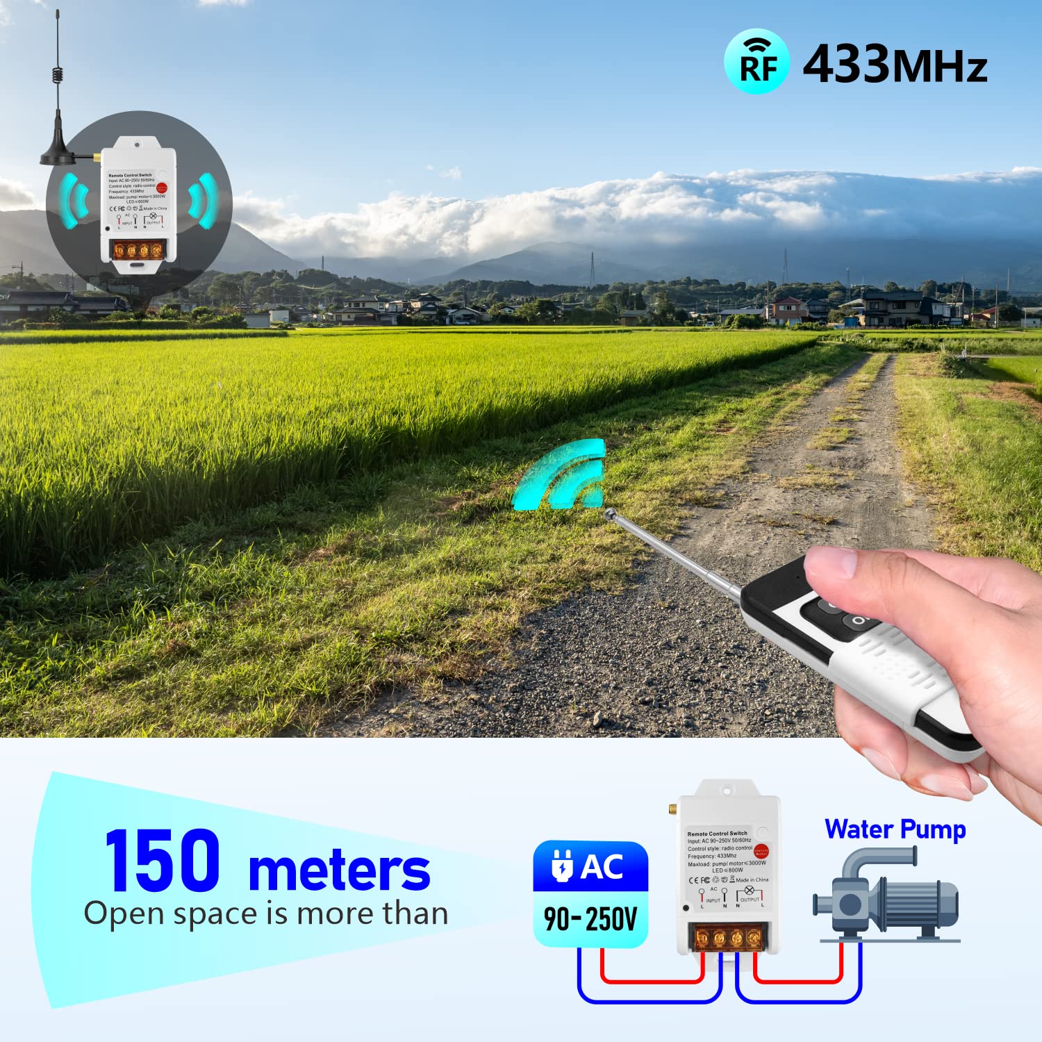 AENTIA Remote Control Switch Pump Motor Wireless Receiver Relay AC 230 V 220 V 3000 W and 2 Transmitters Control Range up to 100 - 300 m for Water Pump Lights Motor