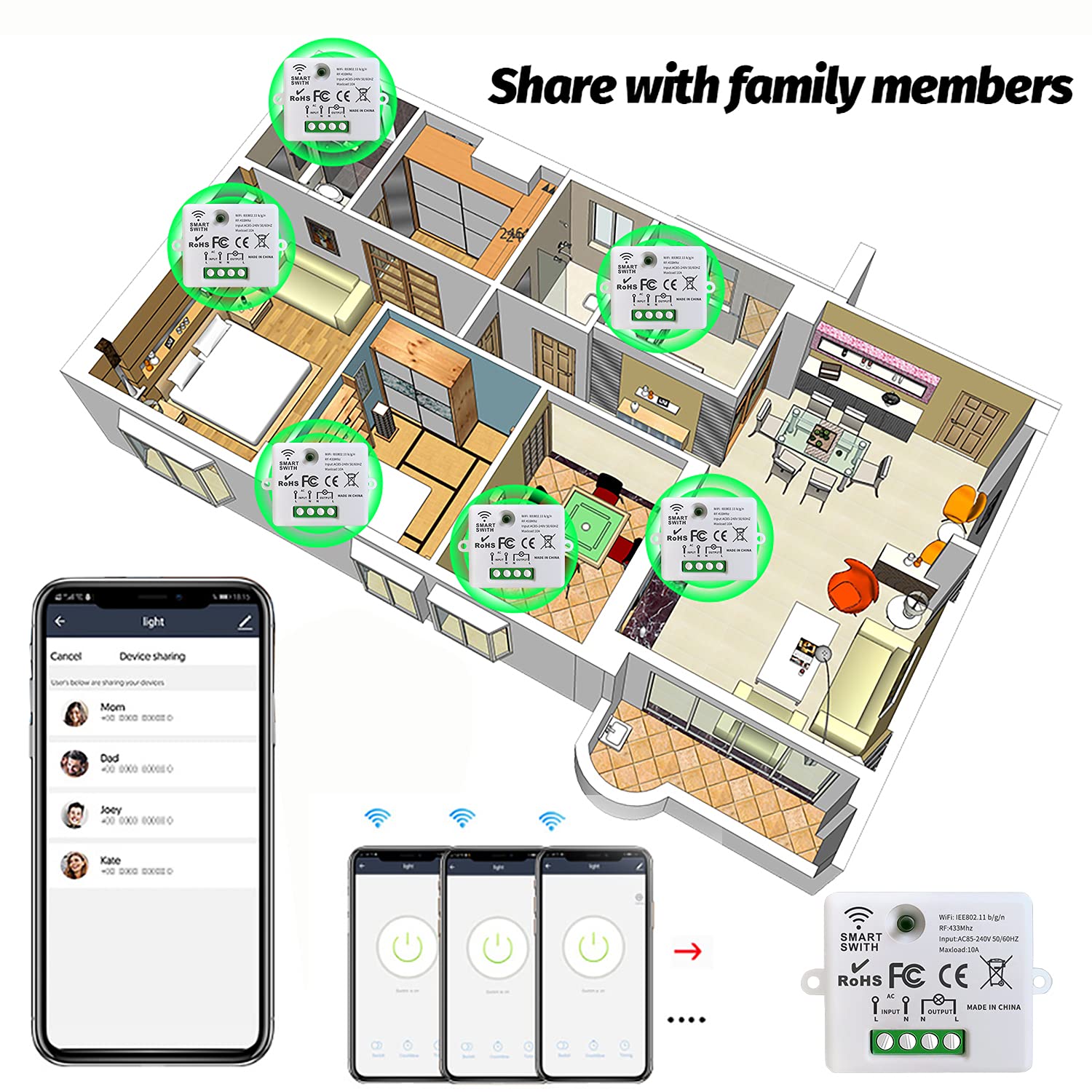 AENTIA Mini Wireless WiFi Switch, 2500W 10A RF Relay Remote Control 3 Recievers with 1 Wireless Wall Switch, Smart Control by Phone Via Tuya APP, Compatible with Alexa/Google Home